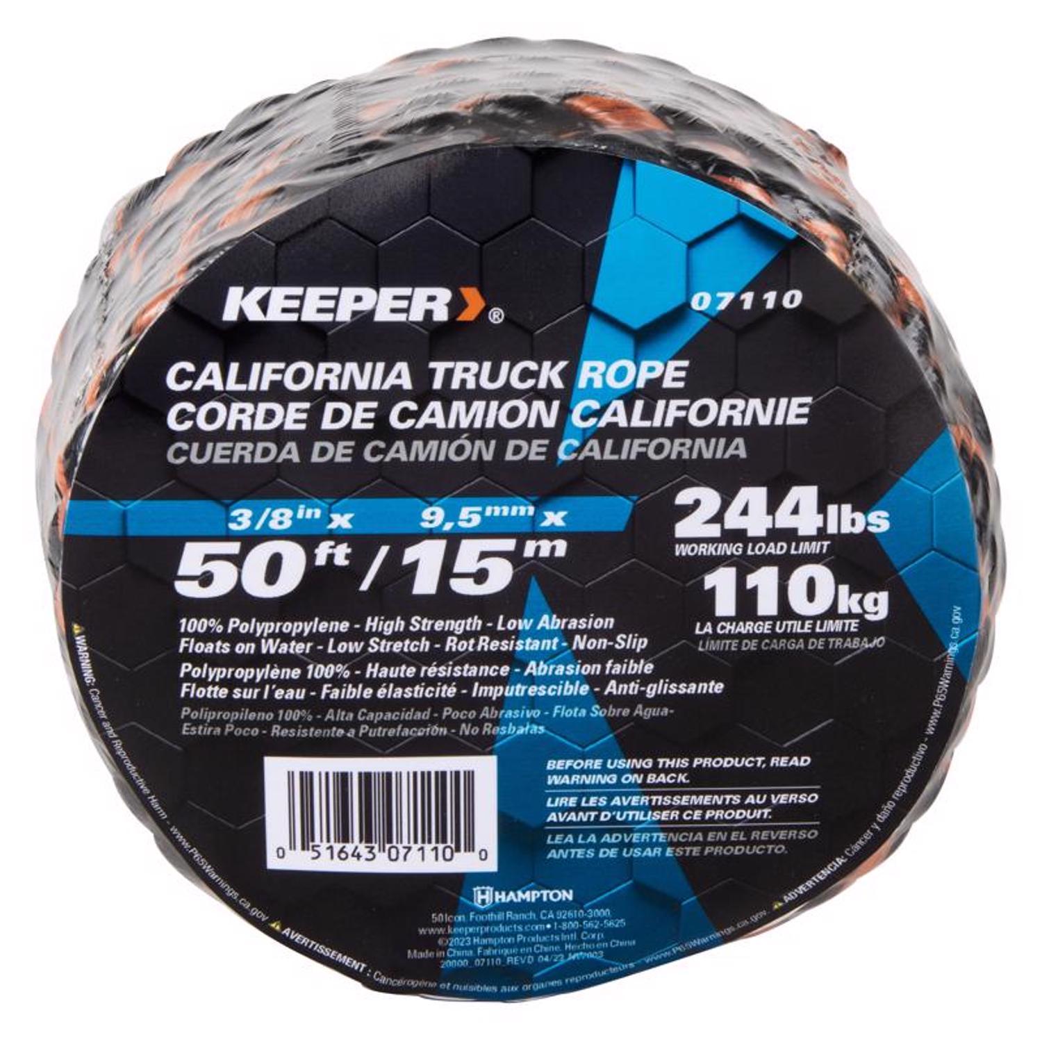 Keeper 3/8 in. W X 50 ft. L Black/Orange Truck Rope 244 lb 1 pk
