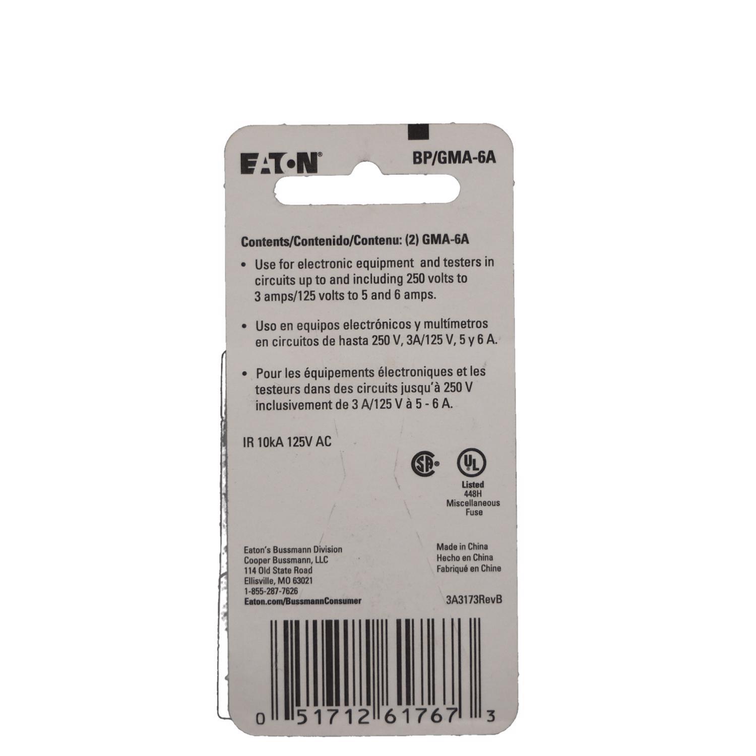 Bussmann 6 amps Fast Acting Glass Fuse 2 pk