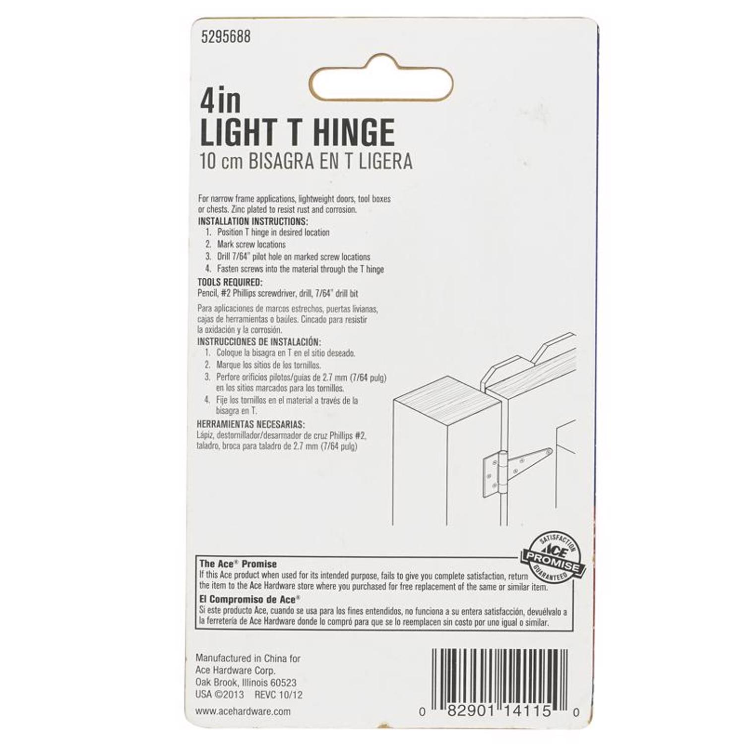 Ace 4 in. L Zinc-Plated Light Duty T Hinge 2 pk