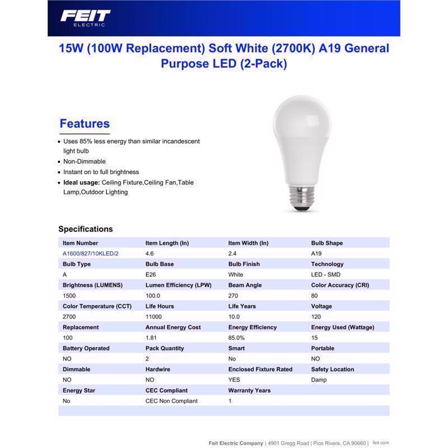 Feit A19 E26 (Medium) LED Bulb Soft White 100 Watt Equivalence 2 pk