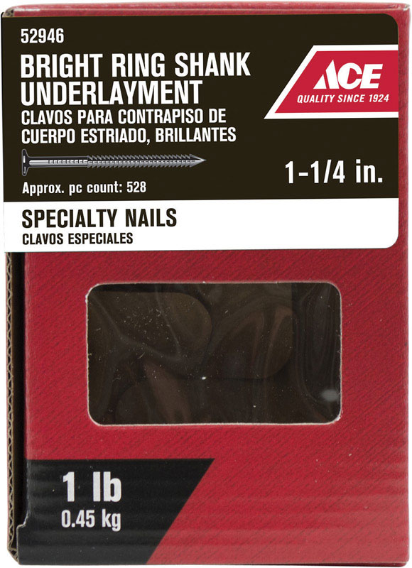 Ace Round 1-1/4in. L Underlayment Nail Annular Ring Shank Bright Steel 1 LB