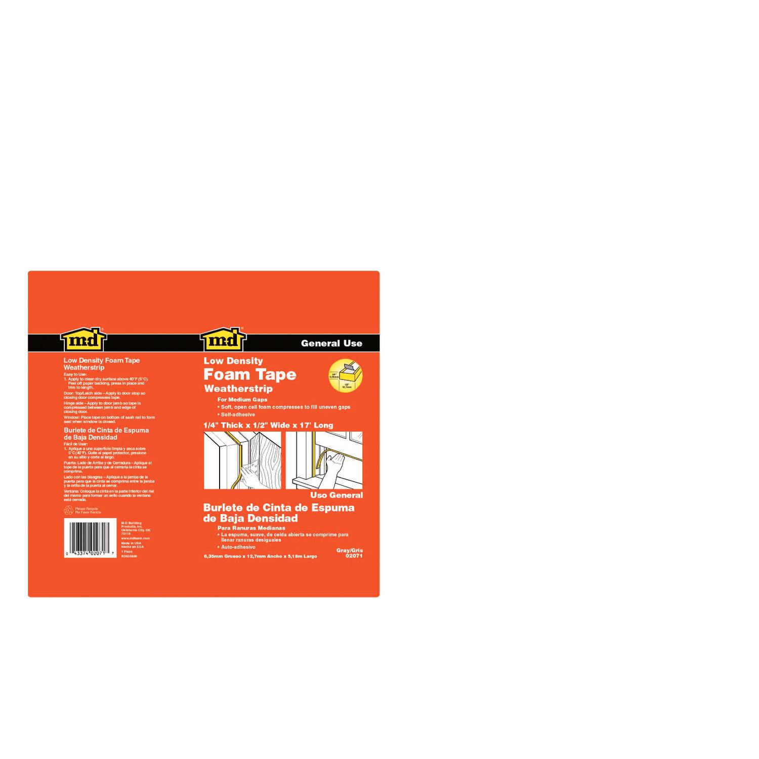 M-D Gray Foam Weather Stripping Tape For Doors and Windows 17 ft. L X 1/4 in.