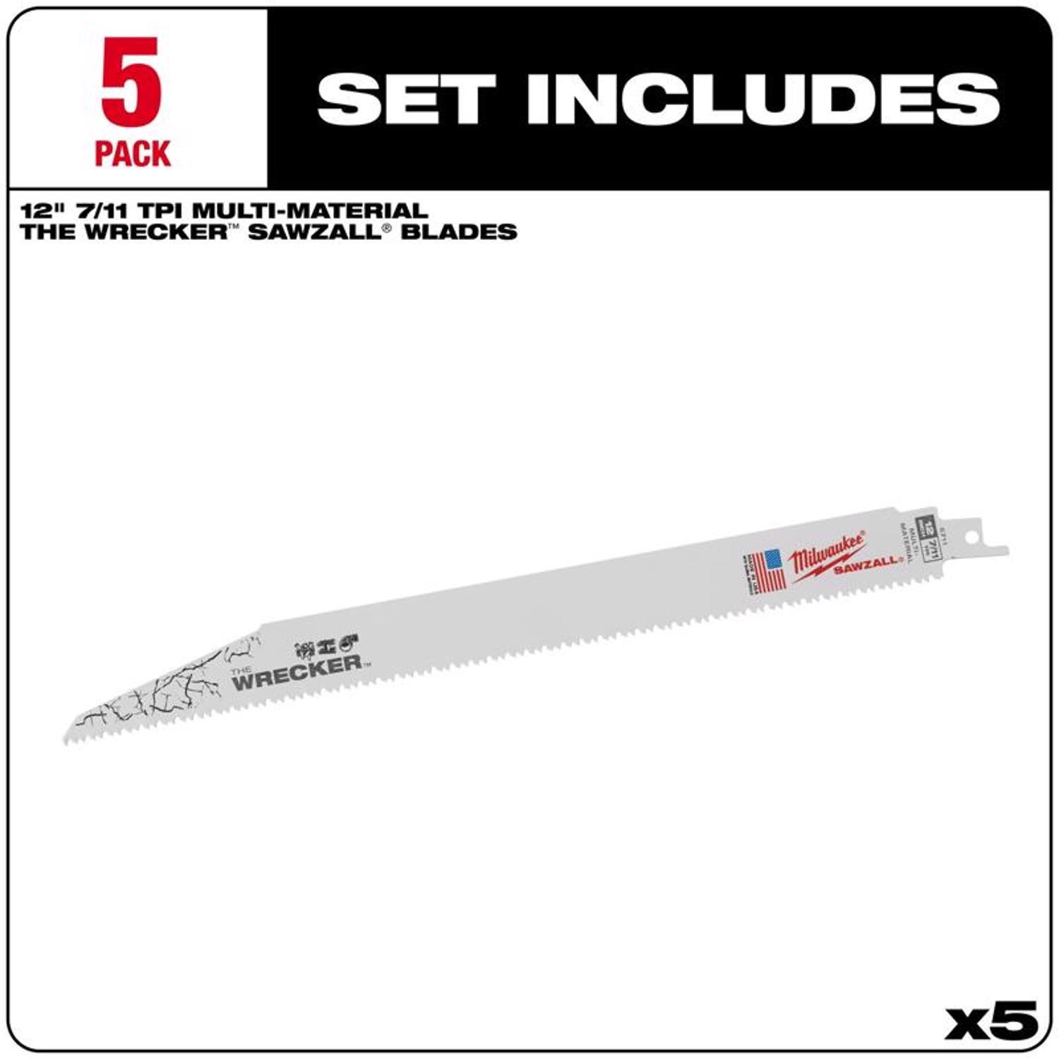 Milwaukee The Wrecker 12 in. Bi-Metal Demolition Reciprocating Saw Blade 7/11 TPI 5 pk
