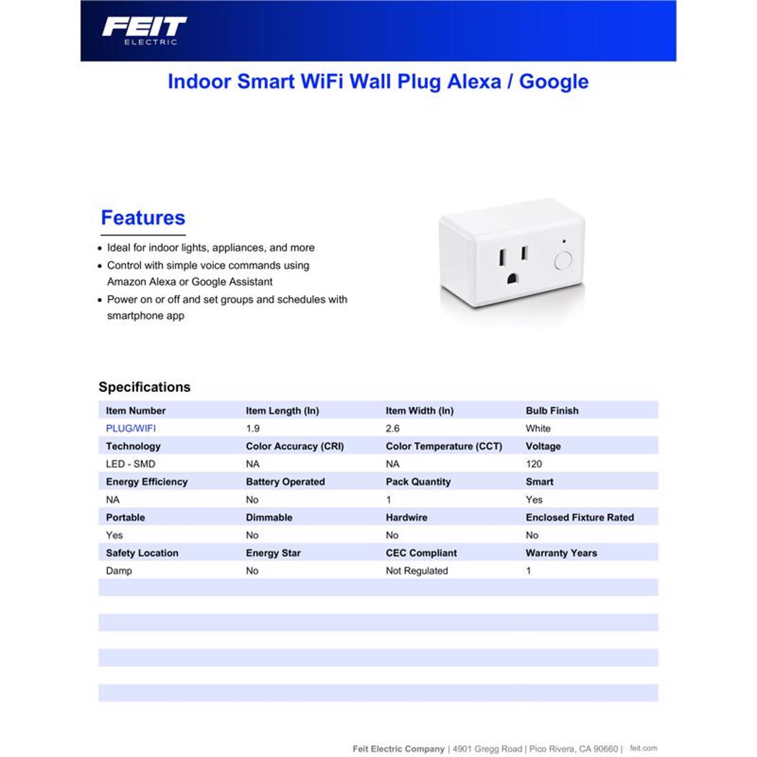 Feit Smart Home Commercial and Residential Plastic Indoor Smart-Enabled Plug 1-15R