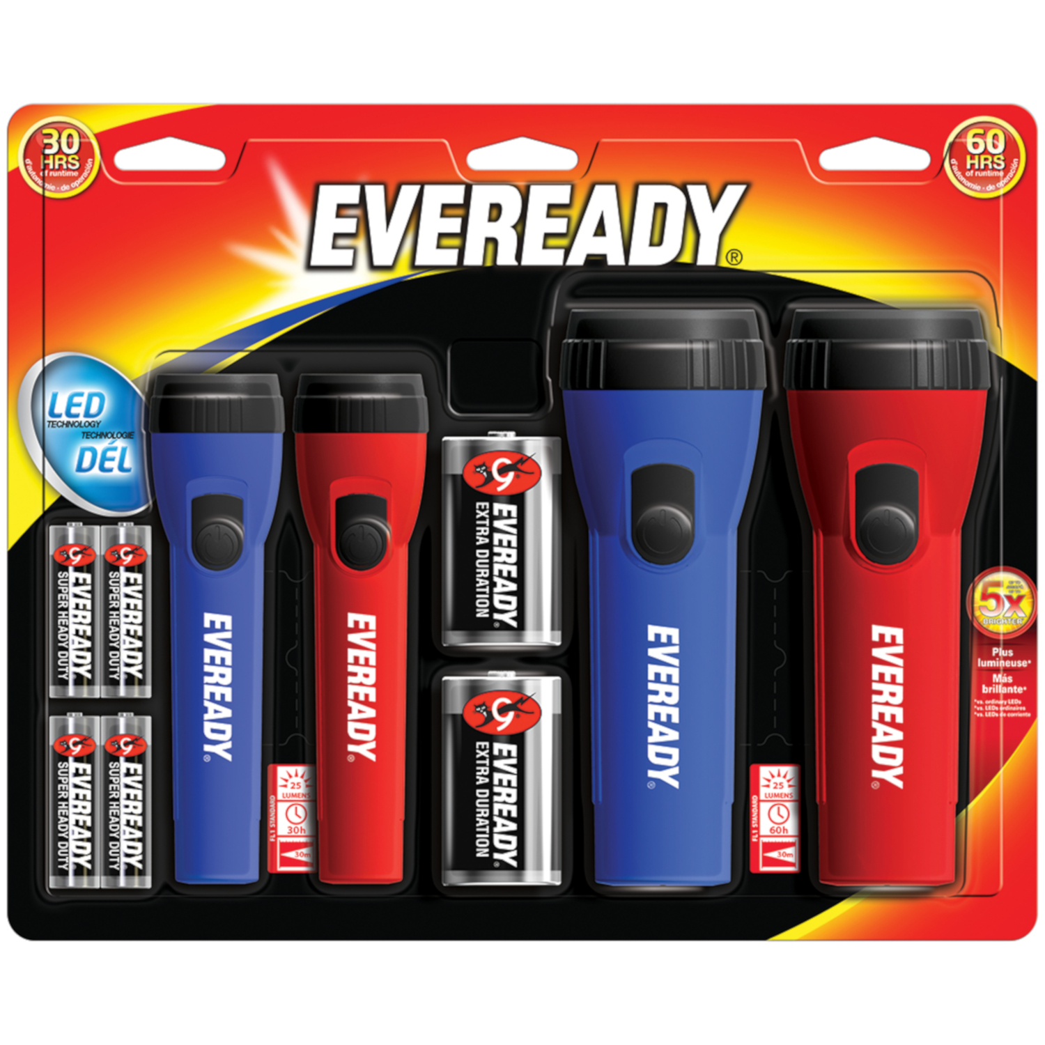 Eveready 25 lm Black/Blue/Red LED Flashlight AA/D Battery