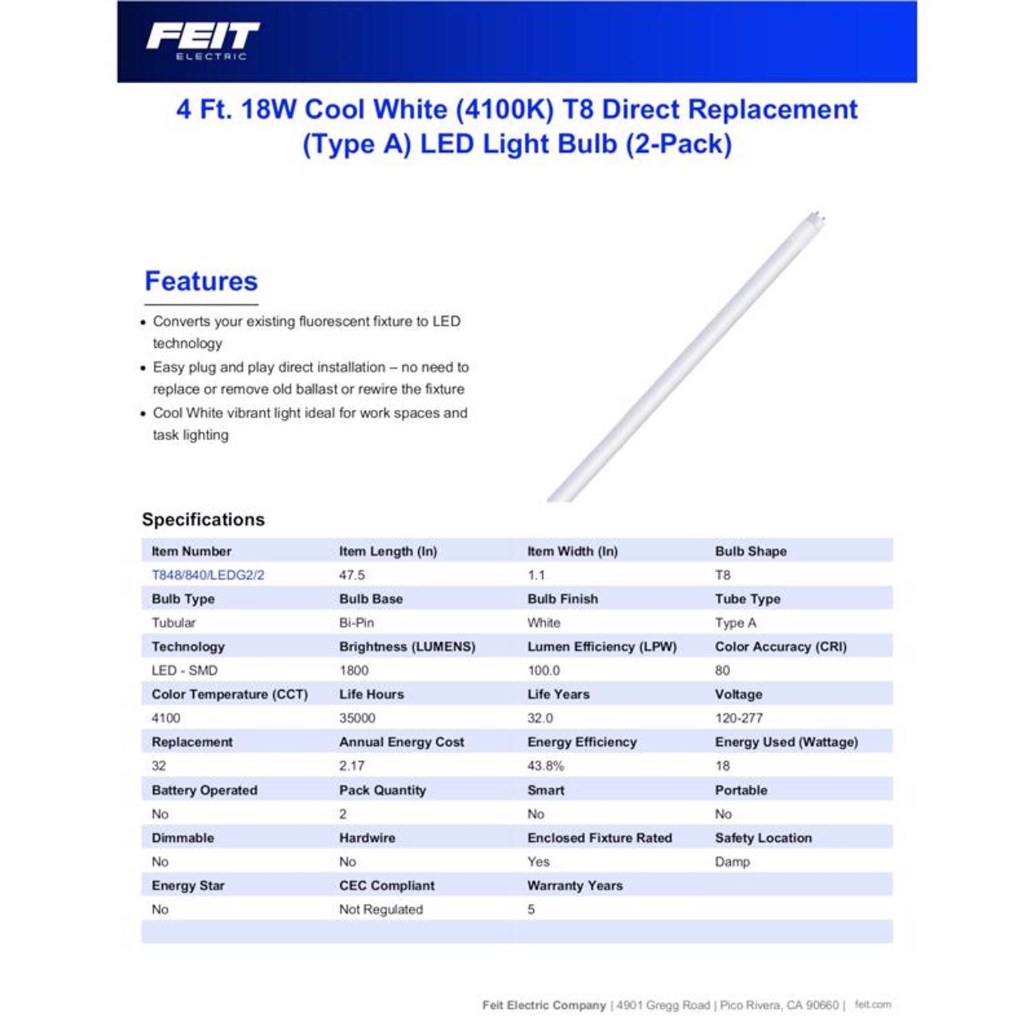 Feit Plug & Play T8 Cool White 47.5 in. Bi-Pin T8 LED Bulb 32 Watt Equivalence 2 pk