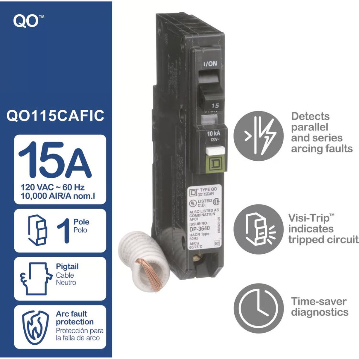 Square D QO 15 amps Arc Fault Single Pole Circuit Breaker