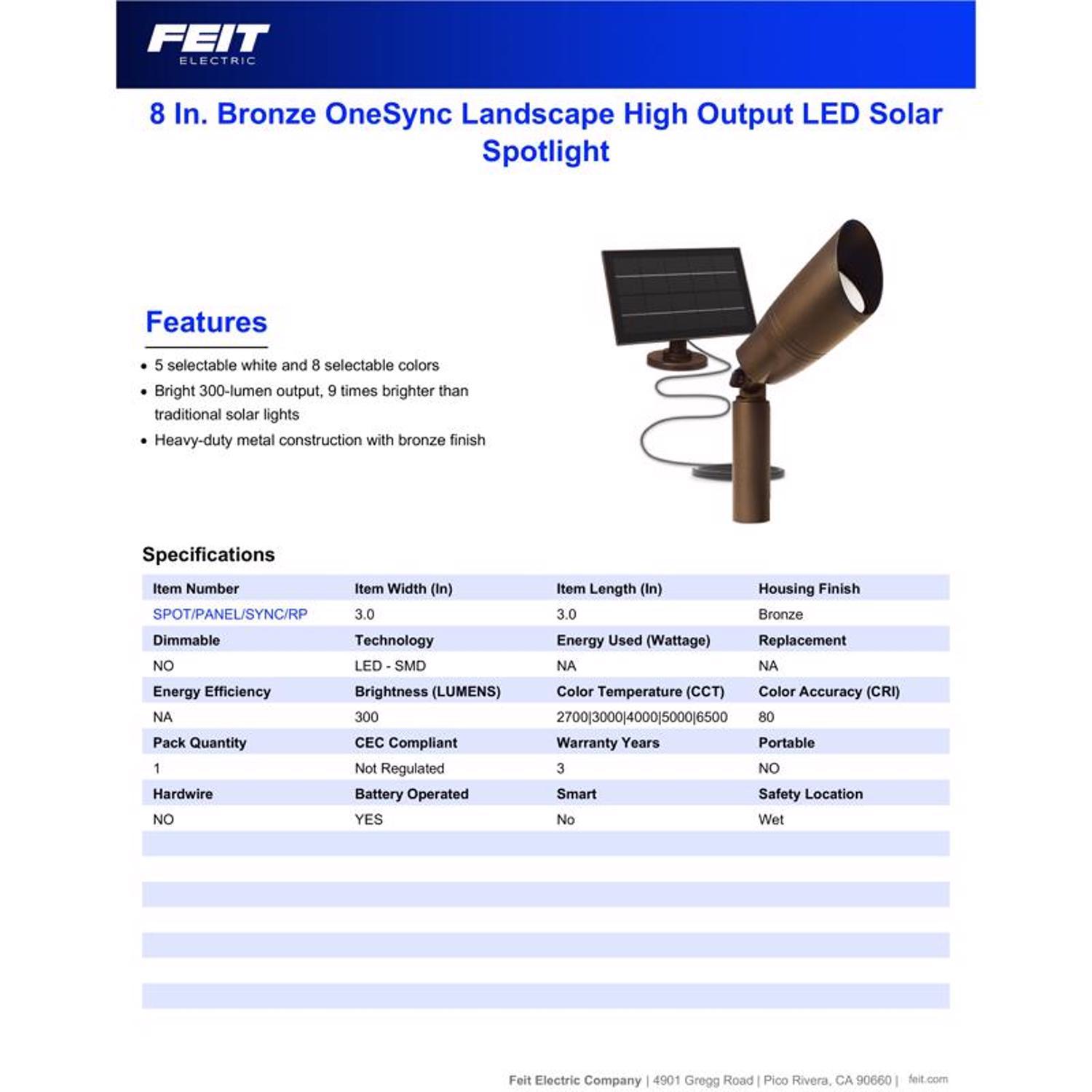 Feit OneSync Solar Powered 3 W LED Spot Light Kit 1 pk