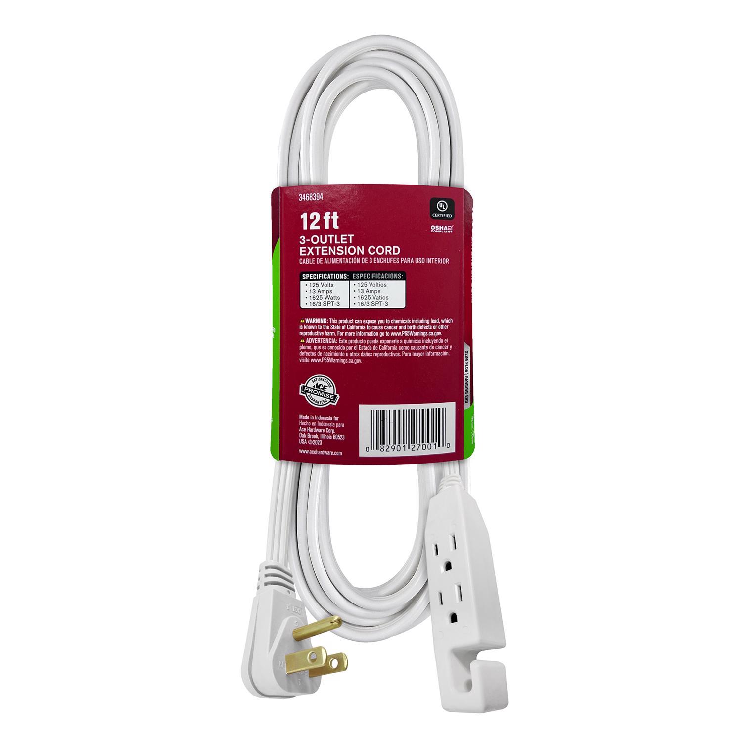 Ace Indoor 12 ft. L White Extension Cord 16/3 SPT-3