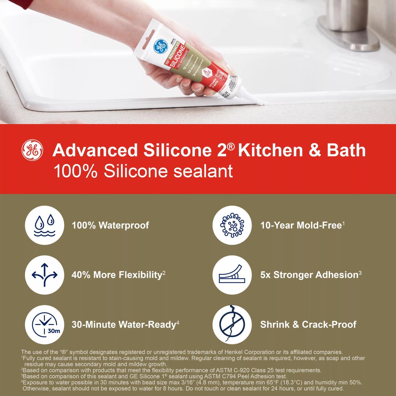 GE Advanced Silicone White Silicone 2 Kitchen and Bath Caulk Sealant 2.8 oz