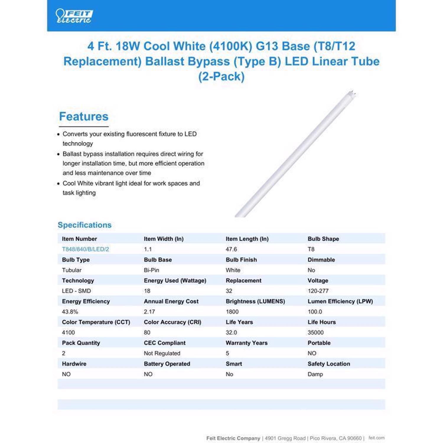 Feit Linear T8 Cool White 48 in. G13 Linear LED Bulb 32 Watt Equivalence 2 pk
