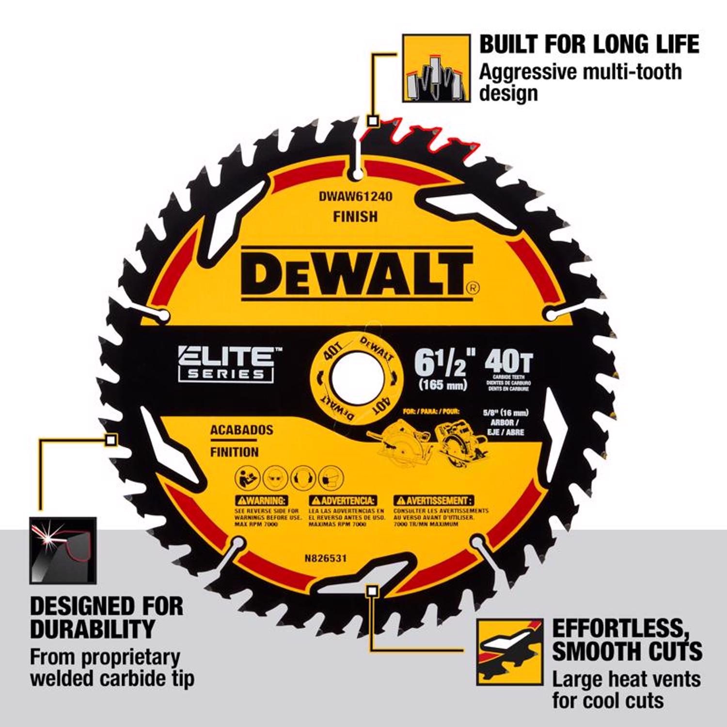 DeWalt Elite Series 6-1/2 in. D X 5/8 in. Carbide Circular Saw Blade 40 teeth 1 pk