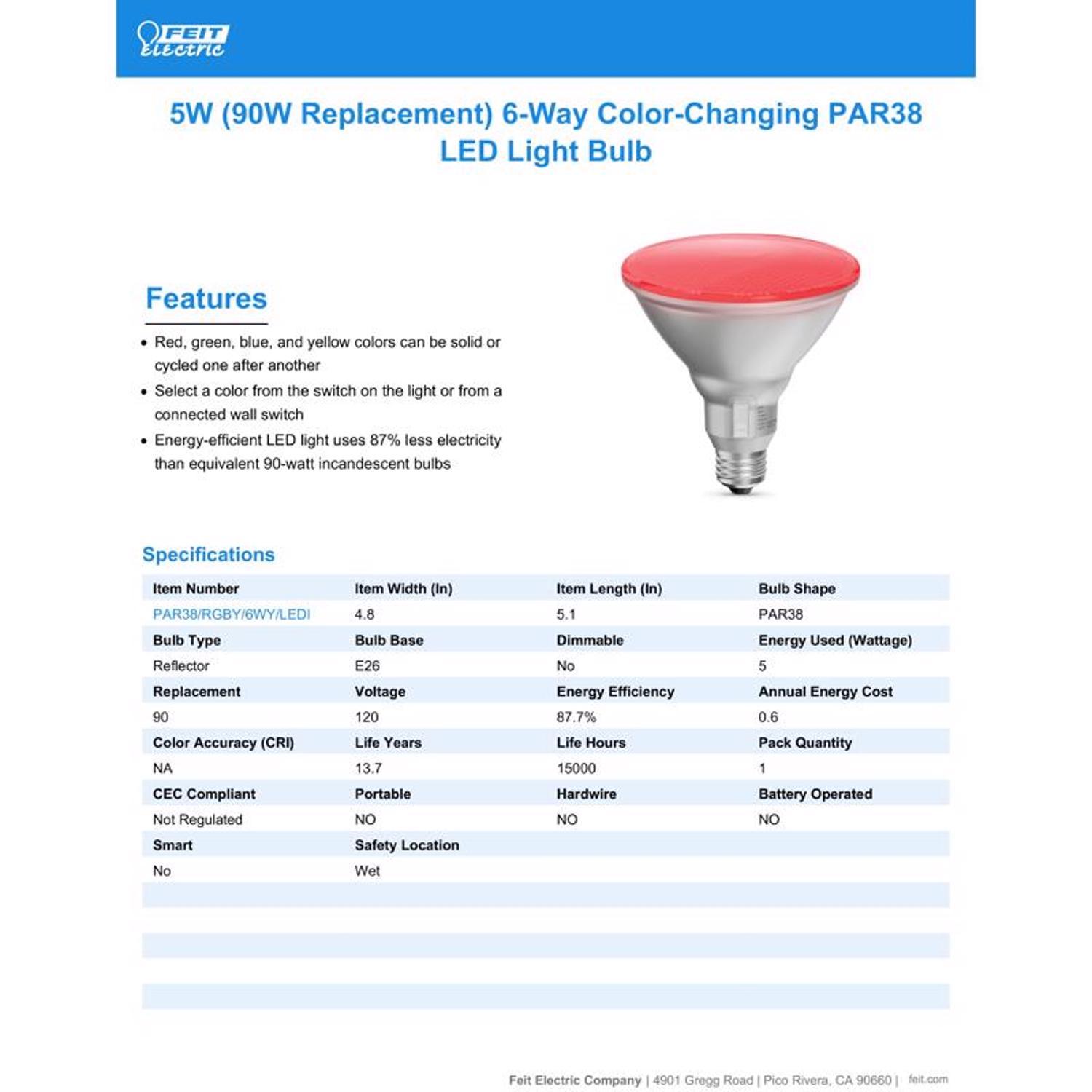 Feit PAR38 E26 (Medium) LED Floodlight Bulb Color Changing 90 Watt Equivalence 1 pk