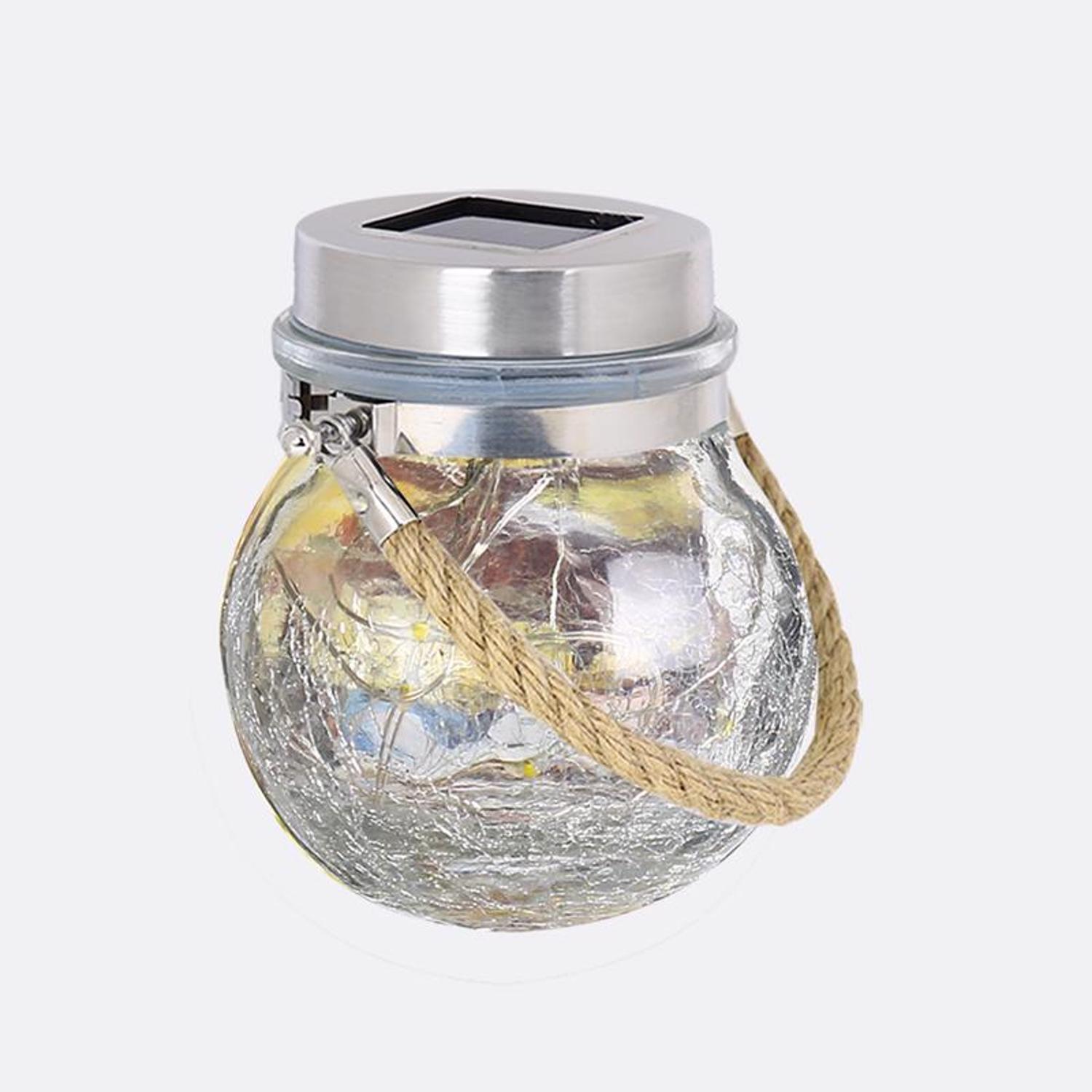 Feit Solar Fixtures 3.7 in. Solar Power Glass Round Coach Lantern Clear Crackle Jar w/Fairy Lights