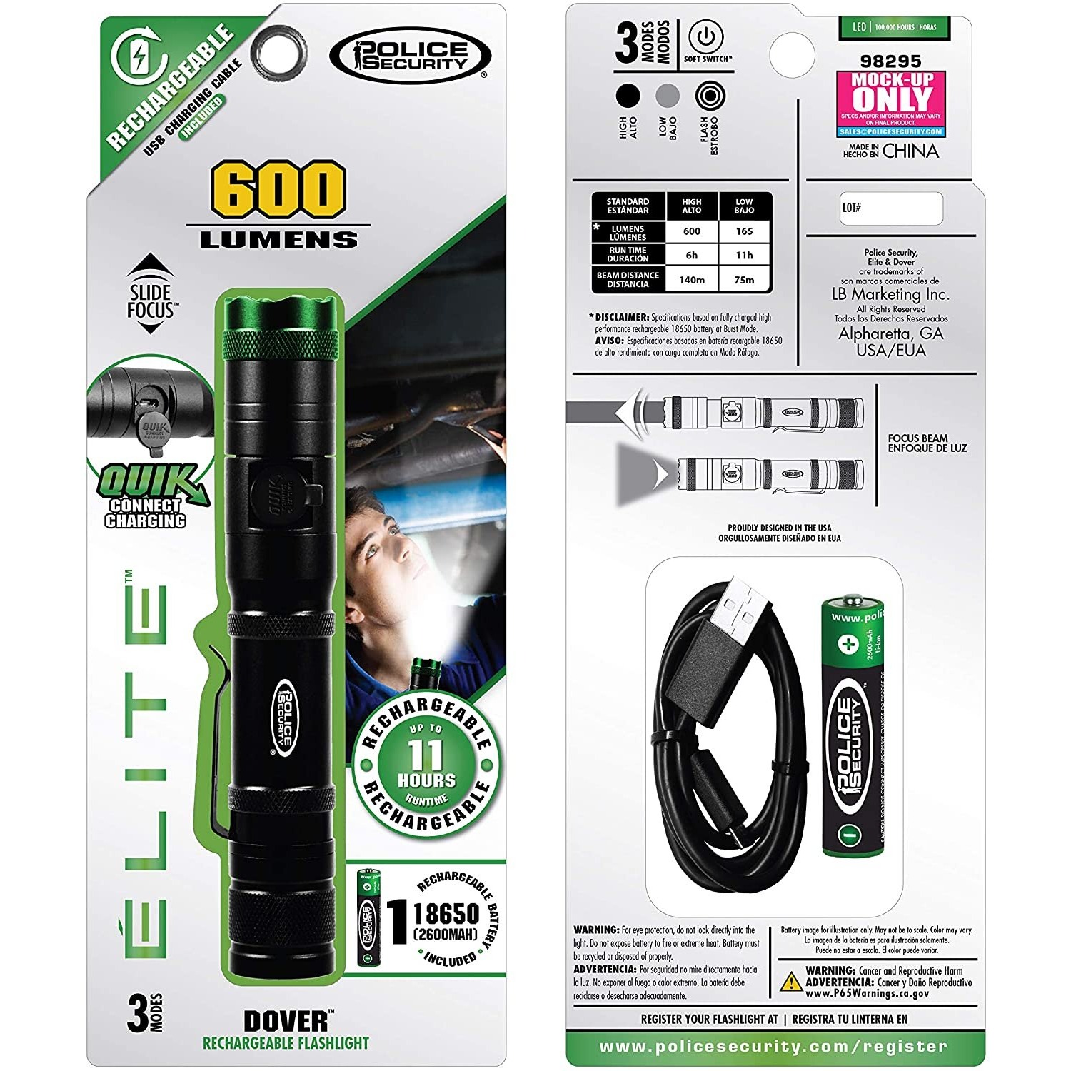 Police Security Dover Rechargeable LED Flashlight 800 Lumens