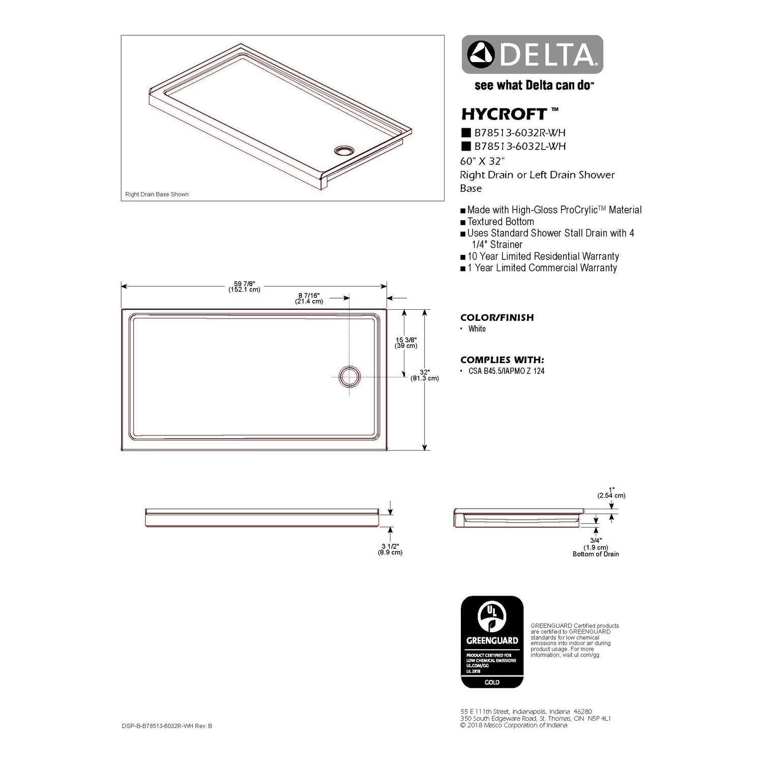Delta Hycroft 4.5 in. H X 32 in. W X 60 in. L White Shower Base
