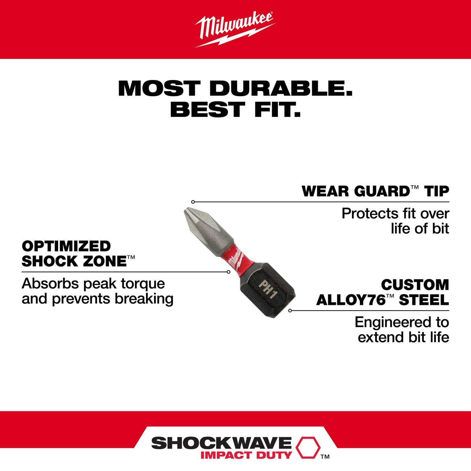 Milwaukee Shockwave Phillips #2 in. drive X 1 in. L Impact Insert Bit Alloy Steel 15 pc