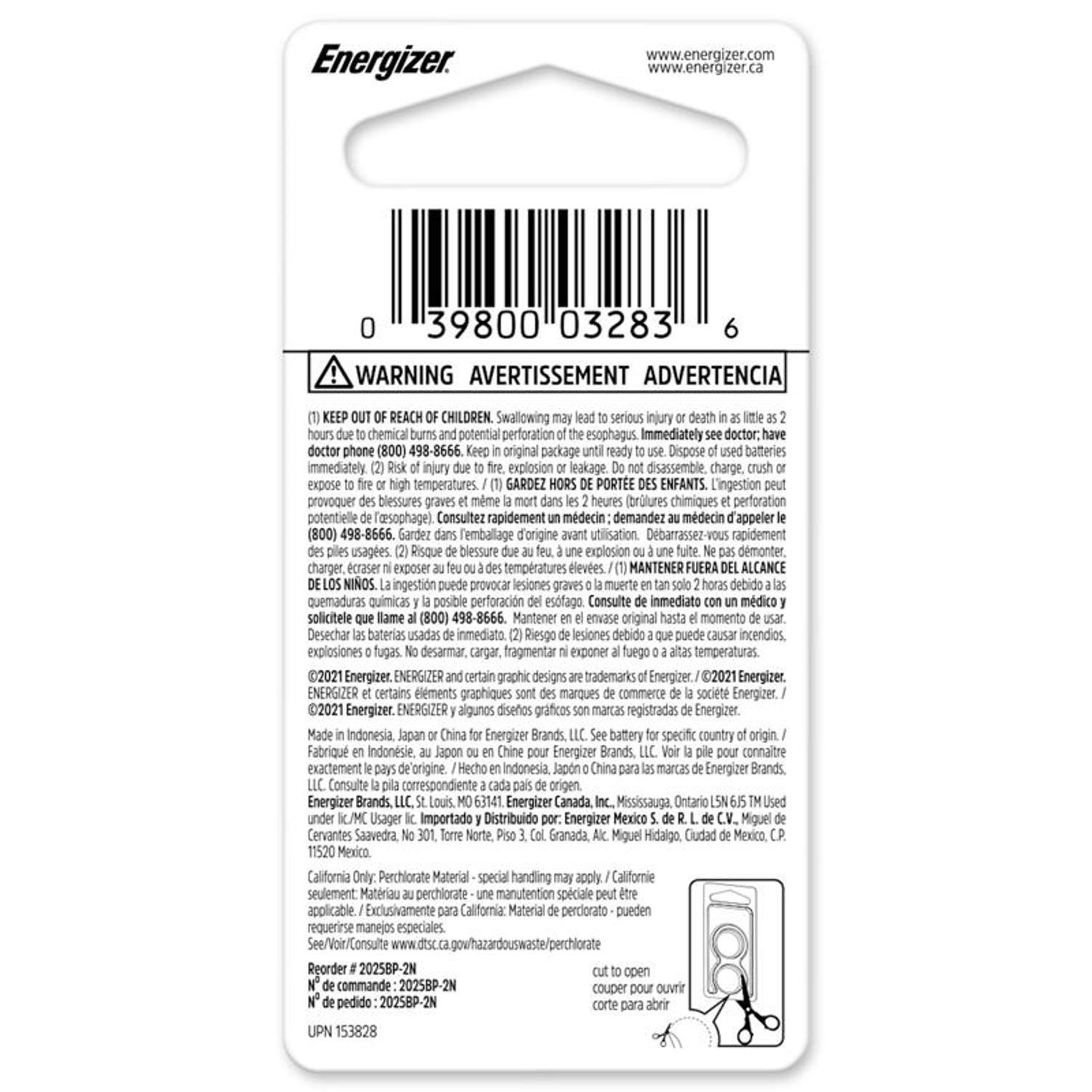 Energizer Lithium 2025 3 V Electronic/Watch Battery 2 Pack