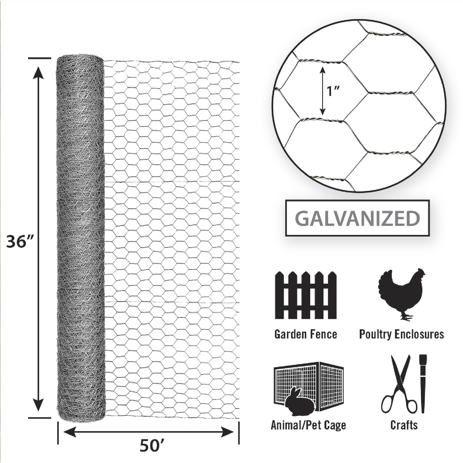 Garden Craft 36" x 50' Galvanized Steel Poultry Netting 1in.