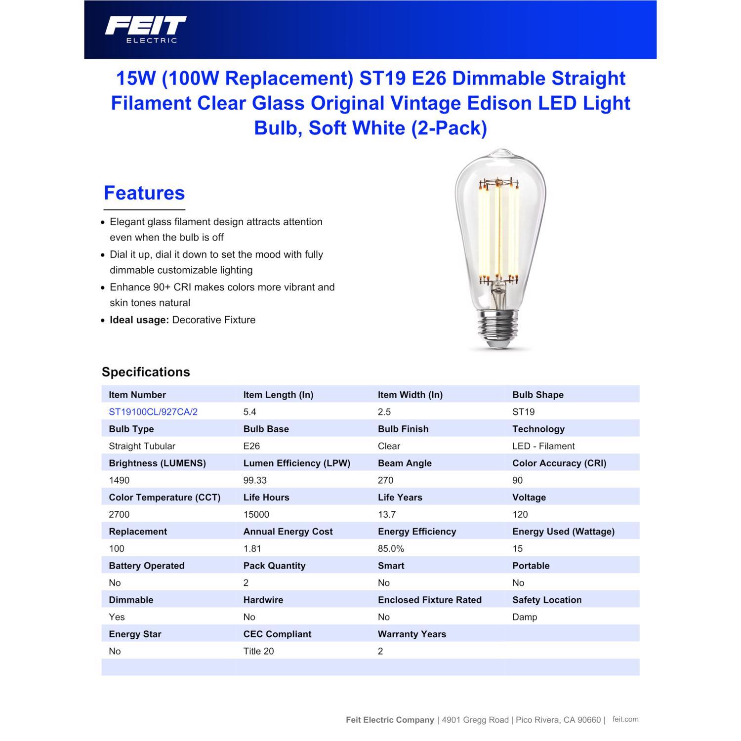 Feit ST19 E26 (Medium) Filament LED Bulb Soft White 100 Watt Equivalence 2 pk