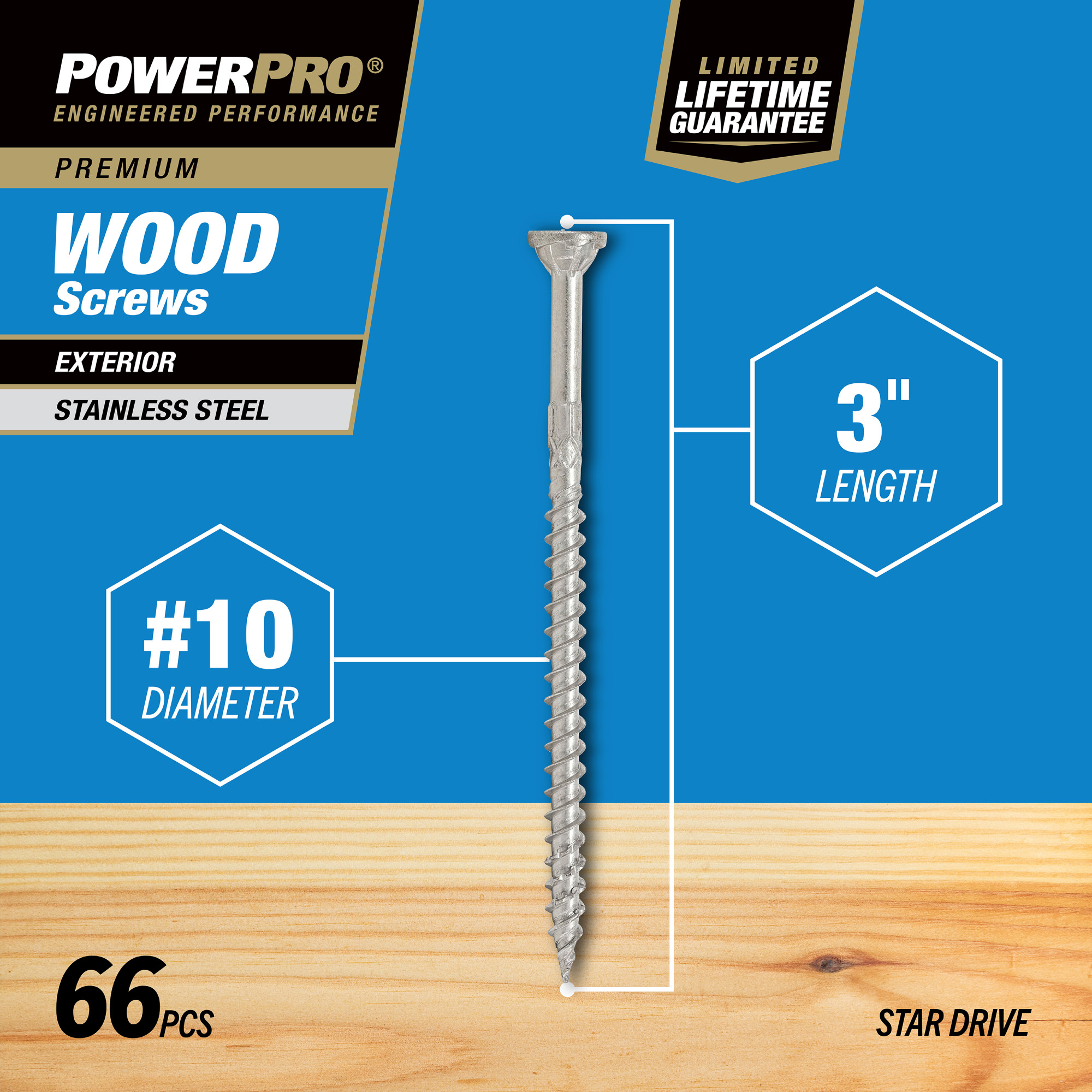 Power Pro Premium 305 Stainless Steel Wood Screws (#10 x 3 in.) - 66 pc