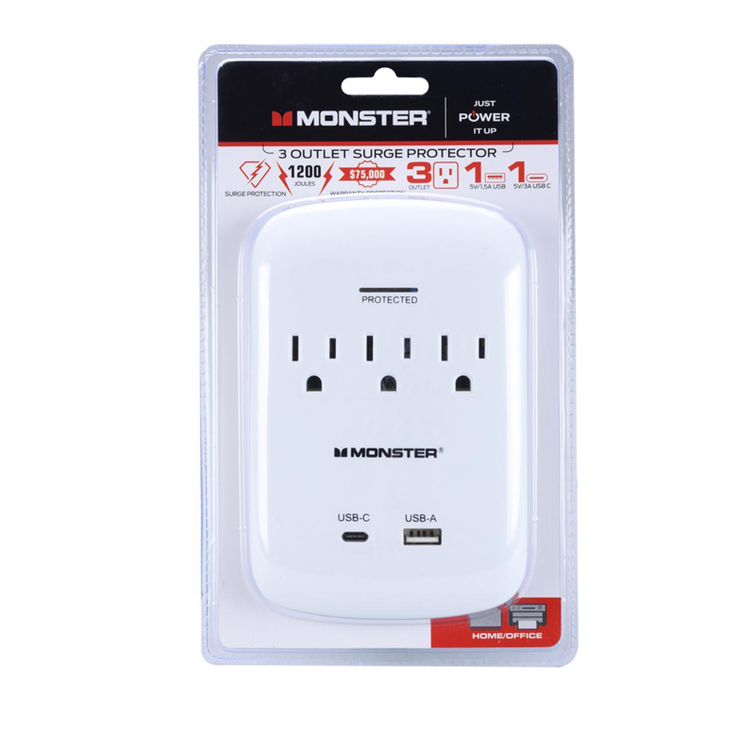 Monster Just Power It Up 0 ft. L 3 outlets Wall Tap Surge Protector White 1200 J