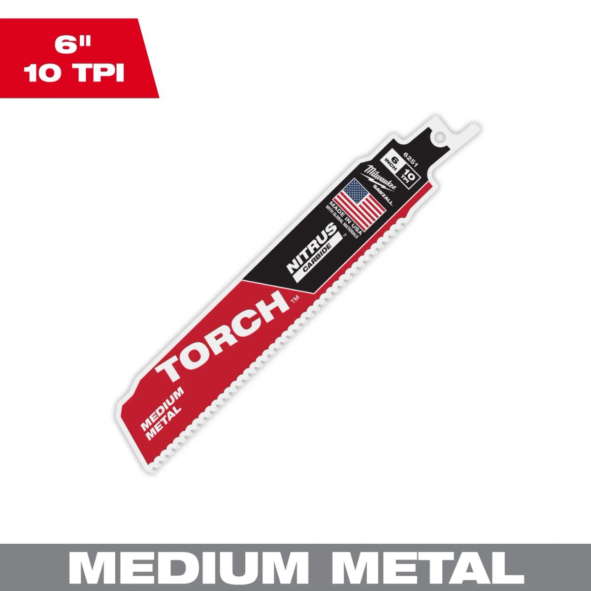 Milwaukee 6in. 10 TPI TORCH with NITRUS Carbide Teeth SAWZALL Blade for Conduit and Strut (1 Pack)
