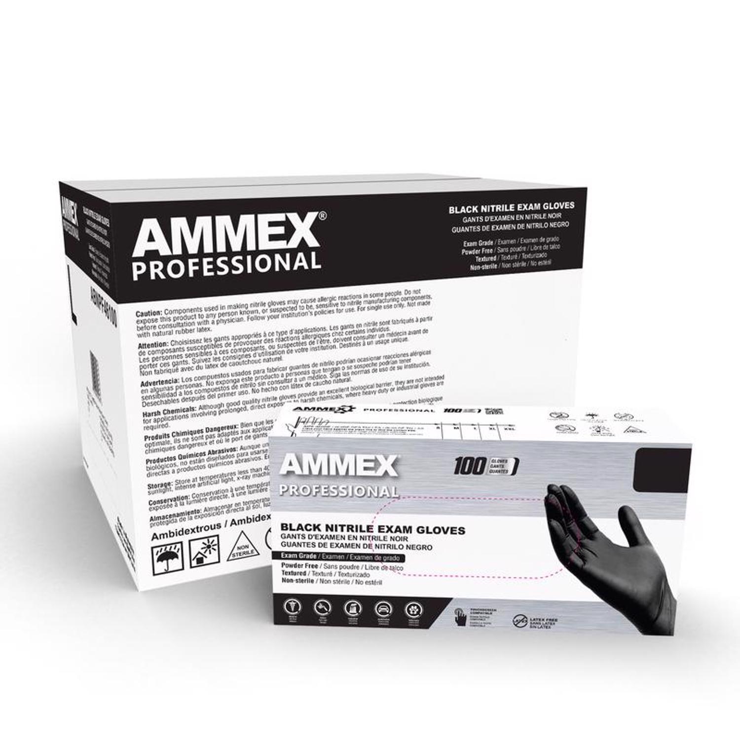 AMMEX Professional Nitrile Disposable Exam Gloves Medium Black Powder Free 100 pk