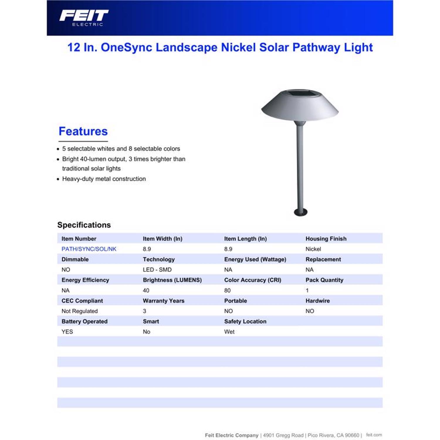 Feit OneSync Brushed Nickel Solar Powered 0.4 W LED Pathway Light 1 pk