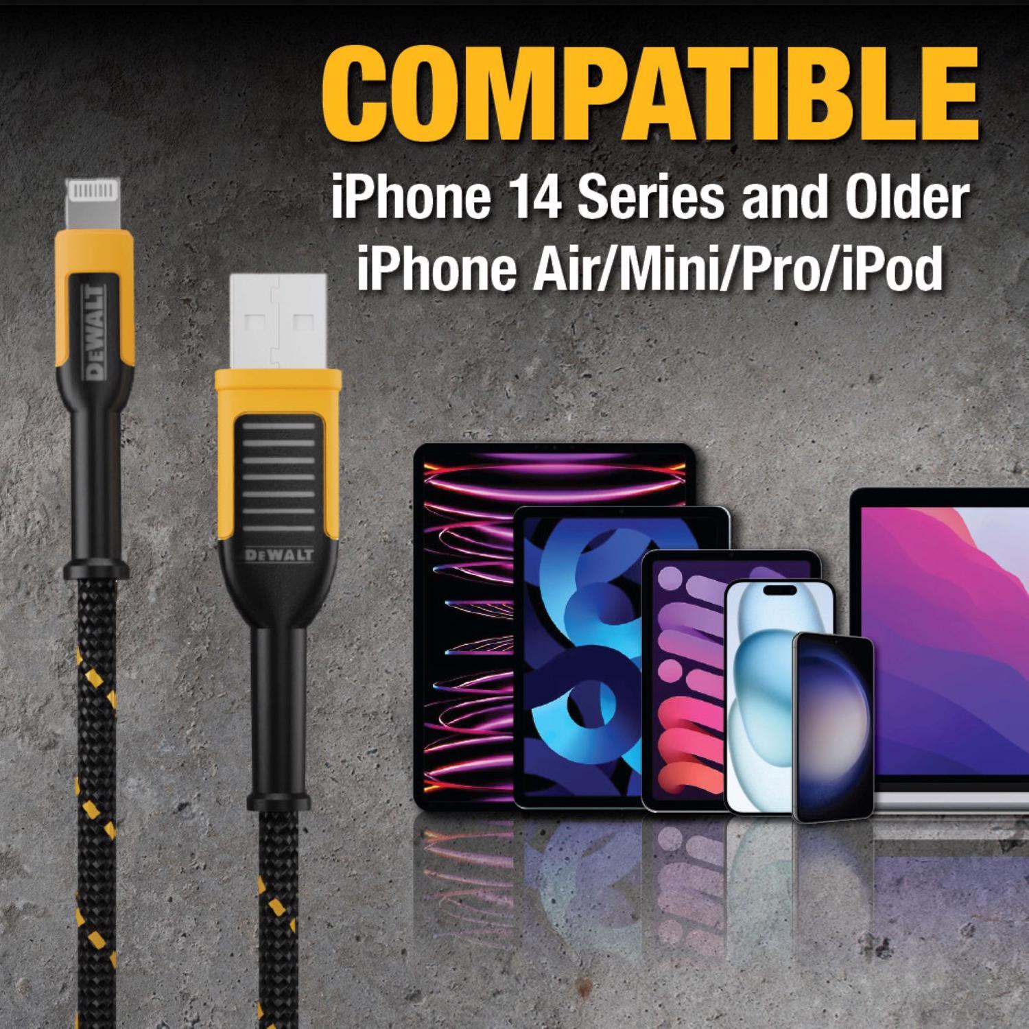 DeWalt Lightning to USB Charge and Sync Cable 4 ft. Black/Yellow
