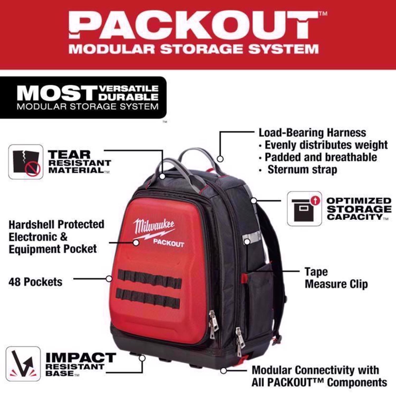 Milwaukee Packout Ballistic Nylon Ultimate Jobsite Backpack Tool Bag 48 pocket Black/Red 1 pc