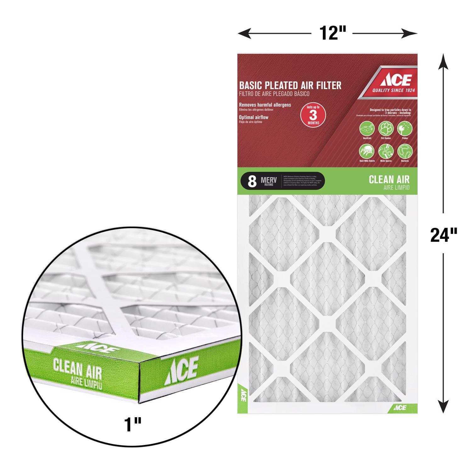 Ace 12 in. W X 24 in. H X 1 in. Synthetic 8 MERV Pleated Air Filter 1 pk