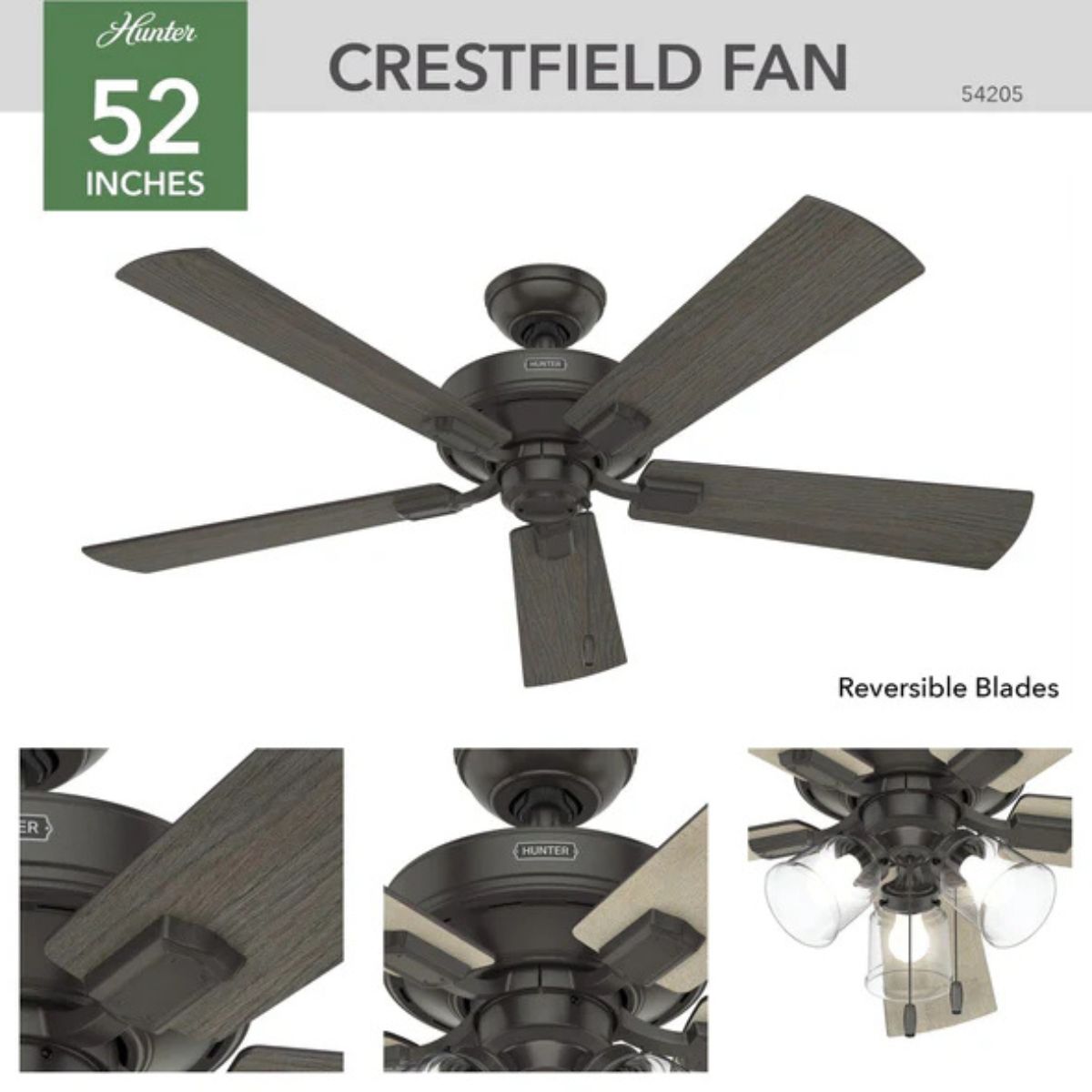Hunter Crestfield 52 in. Bronze with 3 LED Indoor Ceiling Fan