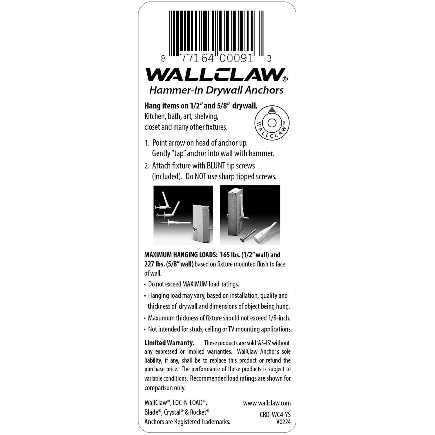 WallClaw Anchors LOC-N-LOAD.25 in. D X 2 in. L Plastic/Steel Pan Head Wallboard Anchors 4 pk