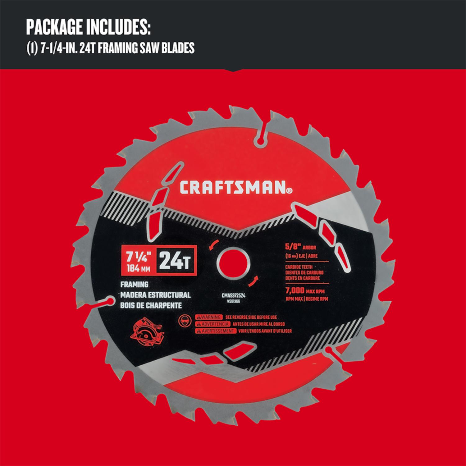 CRAFTSMAN 7-1/4 in. D X 5/8 in. High Performance Carbide Circular Saw Blade 24 teeth 1 pk