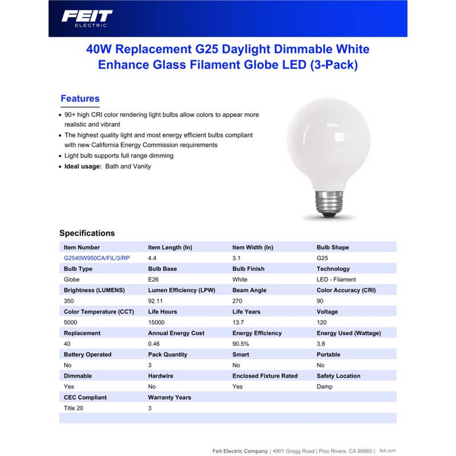 Feit Enhance G25 E26 (Medium) Filament LED Bulb Daylight 40 Watt Equivalence 3 pk