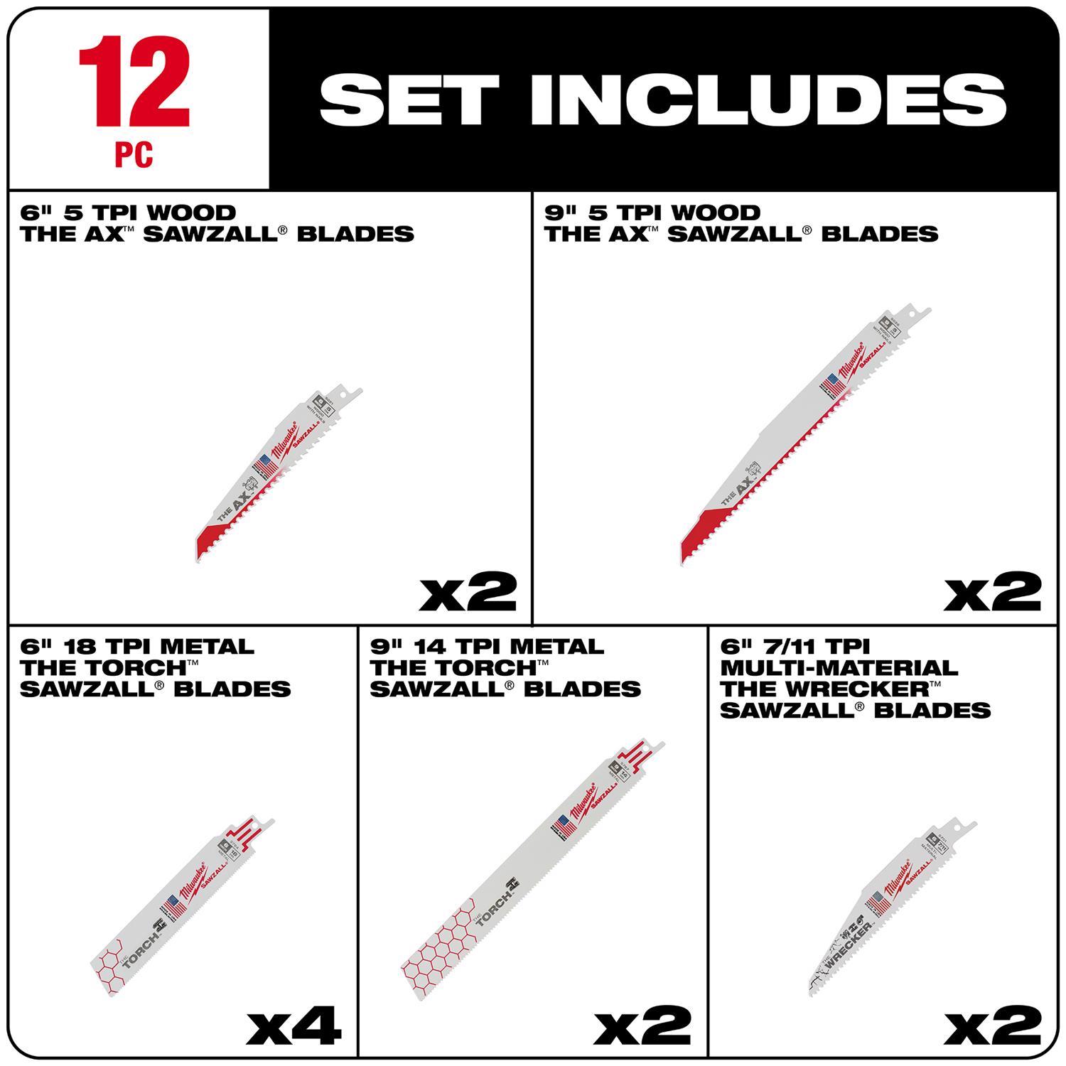 Milwaukee Sawzall 6 and 9 in. Bi-Metal Demolition Reciprocating Saw Blade Set Multi TPI 12 pk
