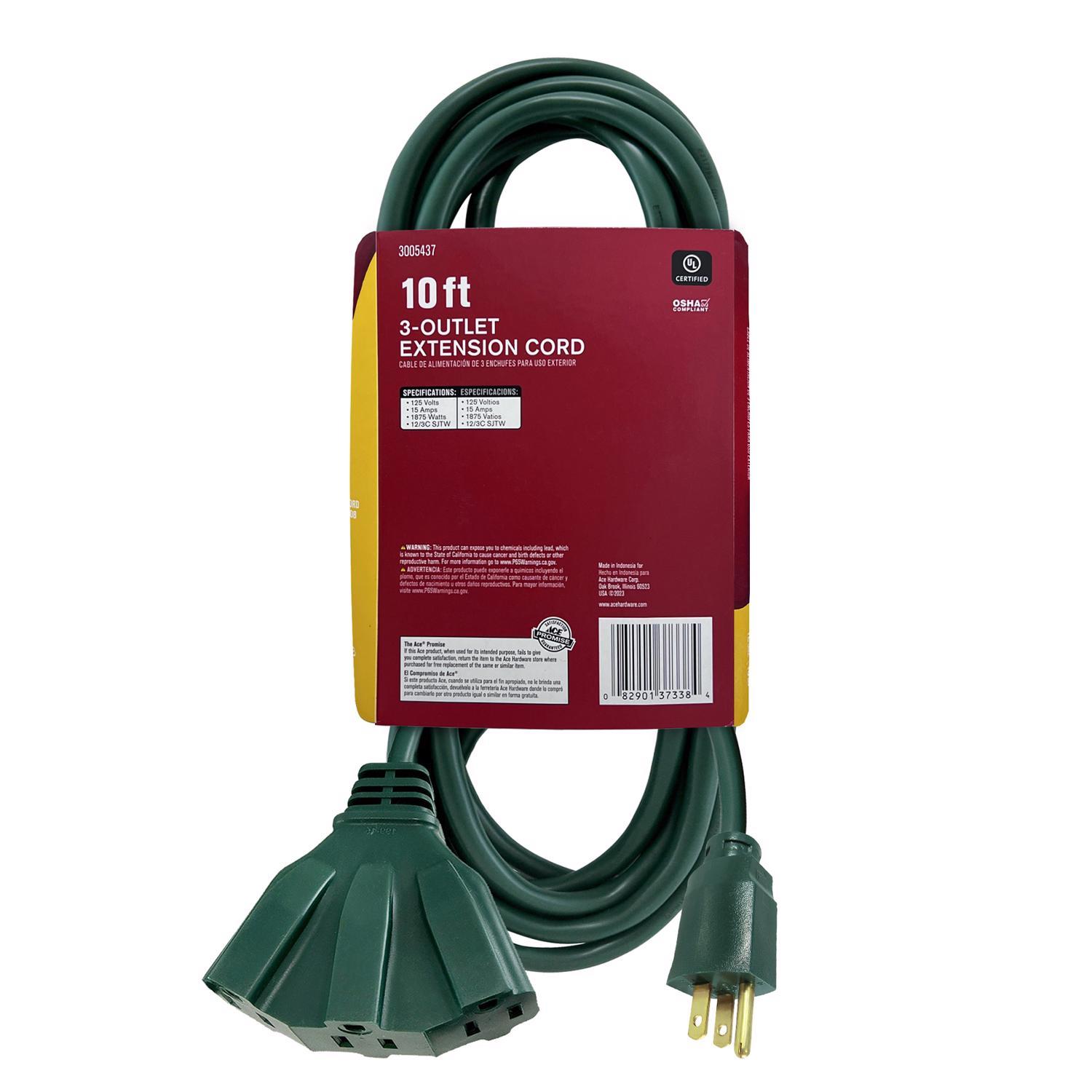 Ace Indoor or Outdoor 10 ft. L Green Triple Outlet Cord 12/3 SJTW