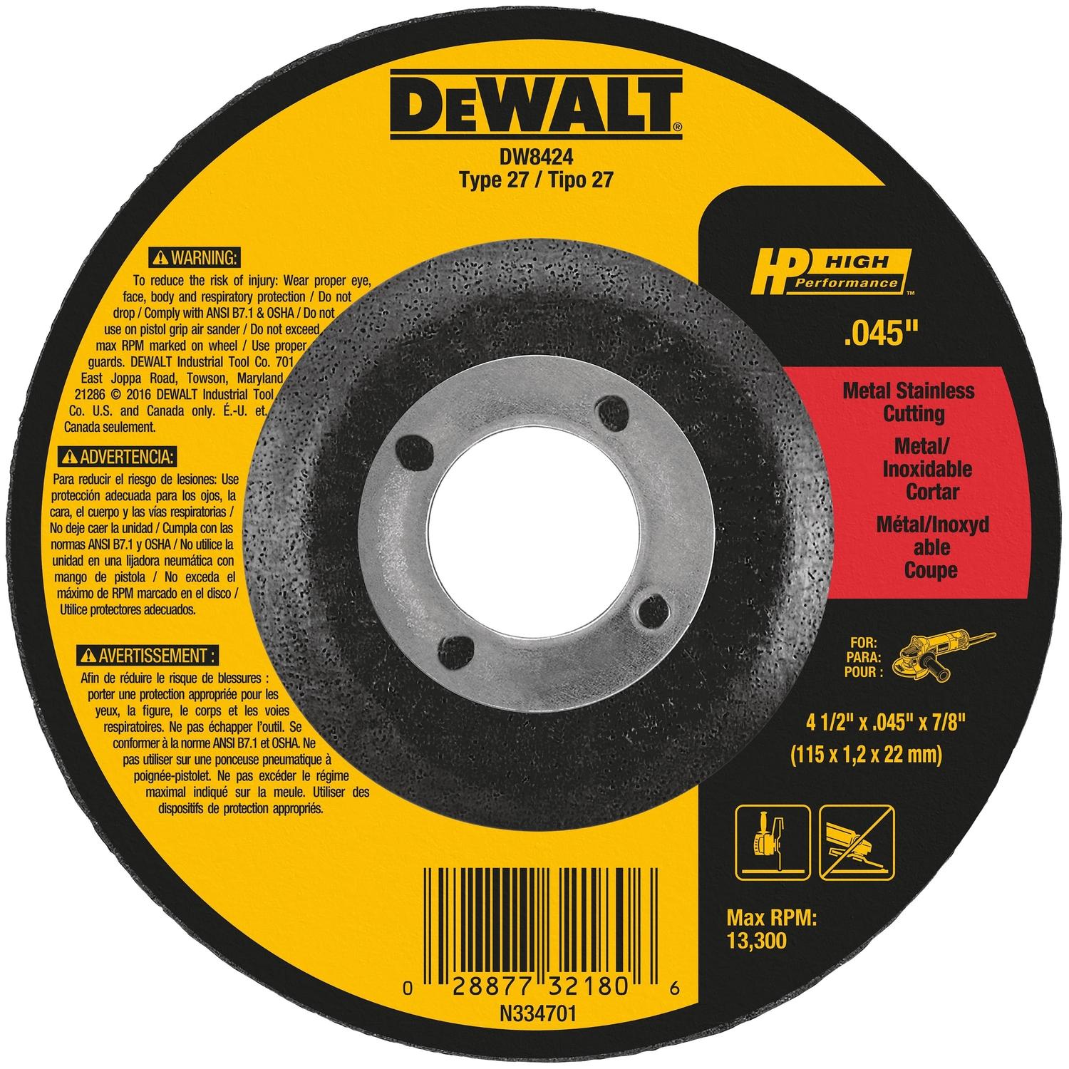 DeWalt High Performance 4-1/2 in. D X 7/8 in. X.045 in. thick Aluminum Oxide Cut-Off Wheel 1 pk