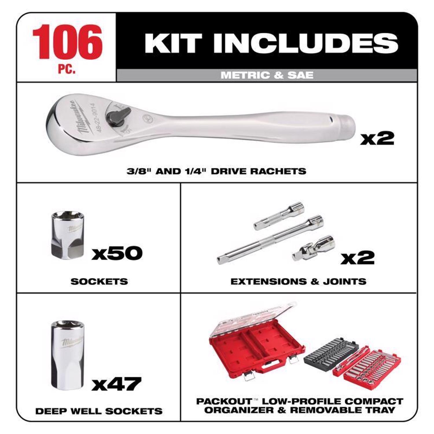 Milwaukee Packout 1/4 and 3/8 in. drive Metric and SAE Ratchet and Socket Set 90 teeth