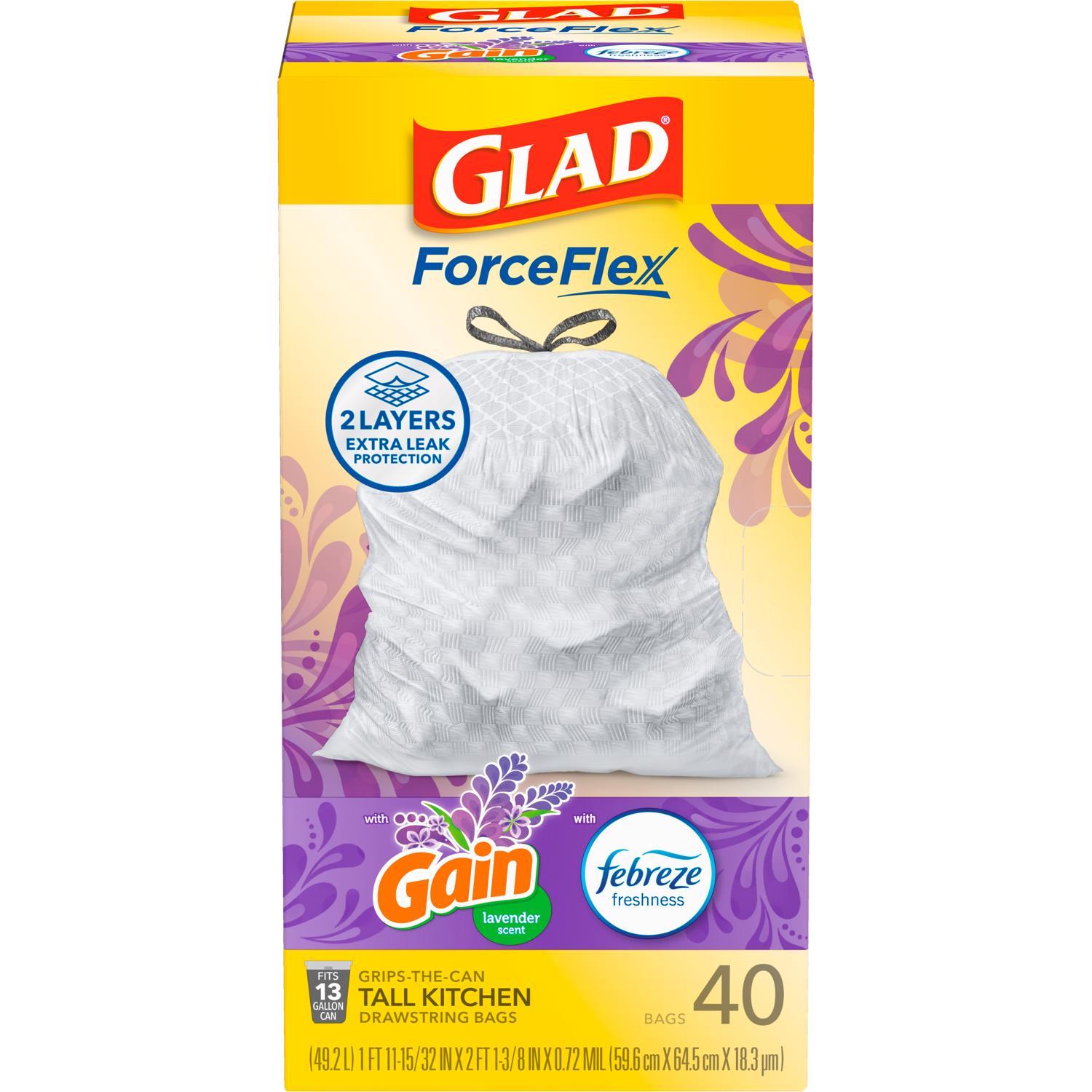 Glad ForceFlex 13 gal Lavender Scent Tall Kitchen Bags Drawstring 40 pk 0.78 mil