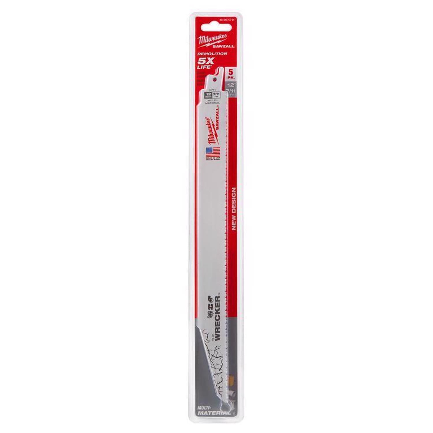 Milwaukee The Wrecker 12 in. Bi-Metal Demolition Reciprocating Saw Blade 7/11 TPI 5 pk