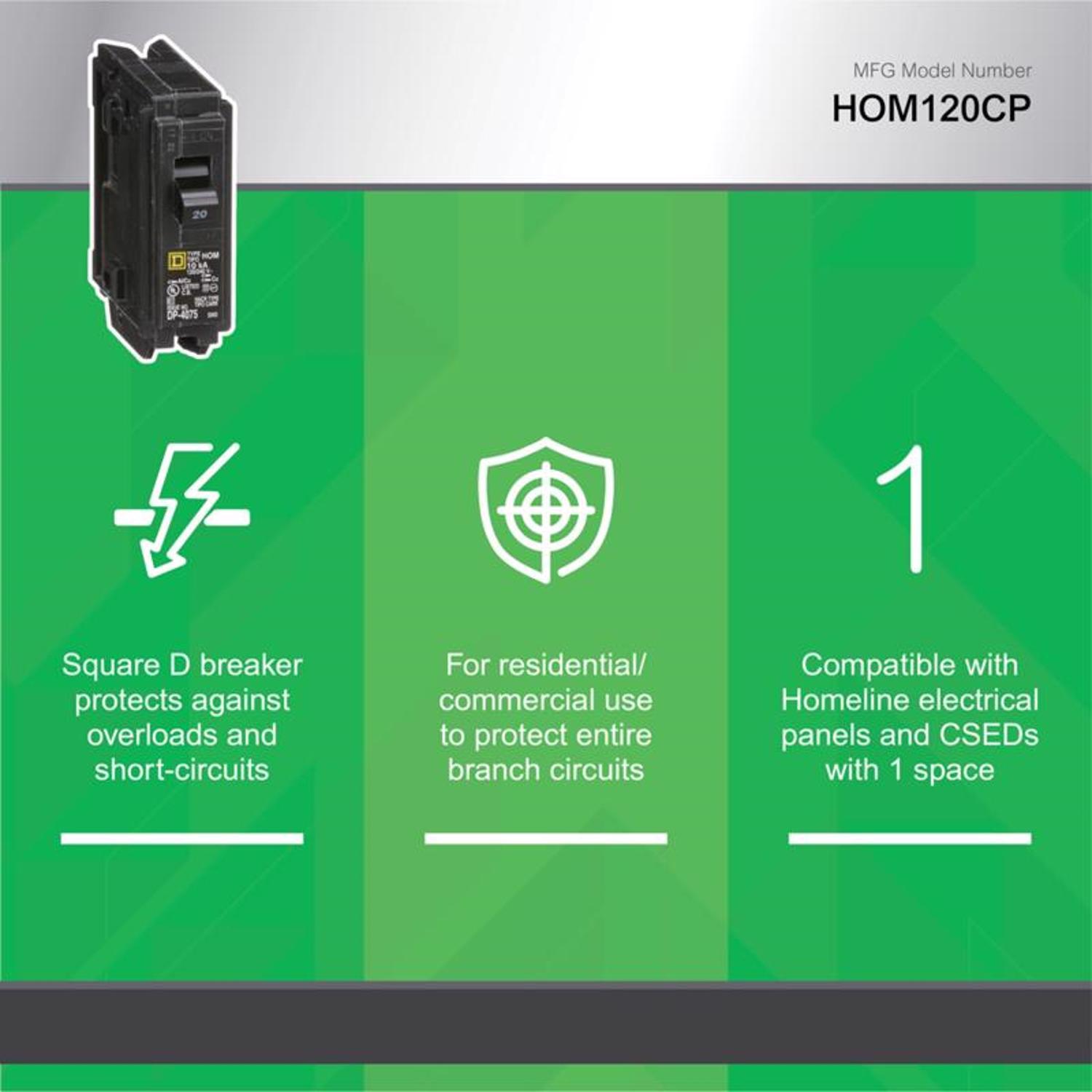 Square D HomeLine 20 amps Standard Single Pole Miniature Circuit Breaker