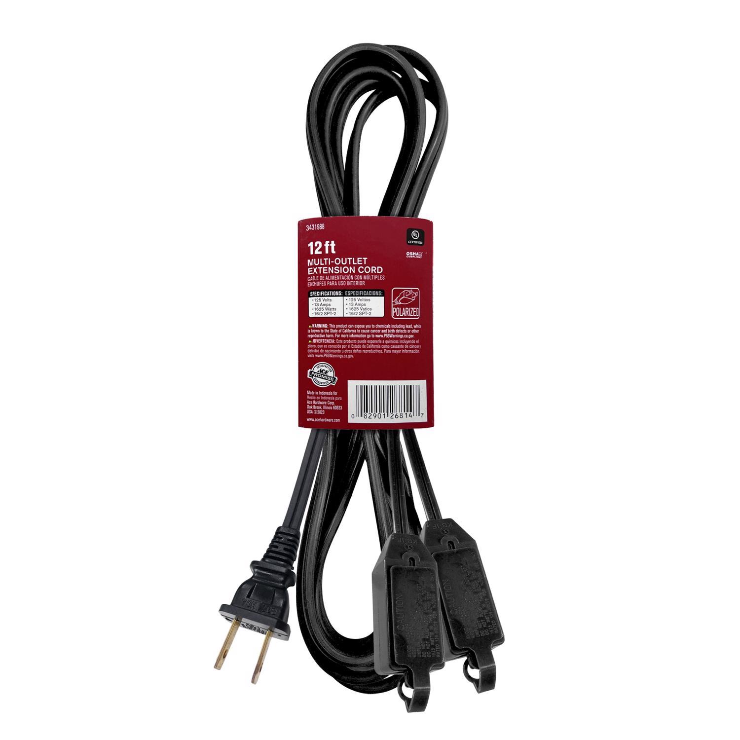 Ace Indoor 12 ft. L Black Extension Cord 16/2 SPT-2