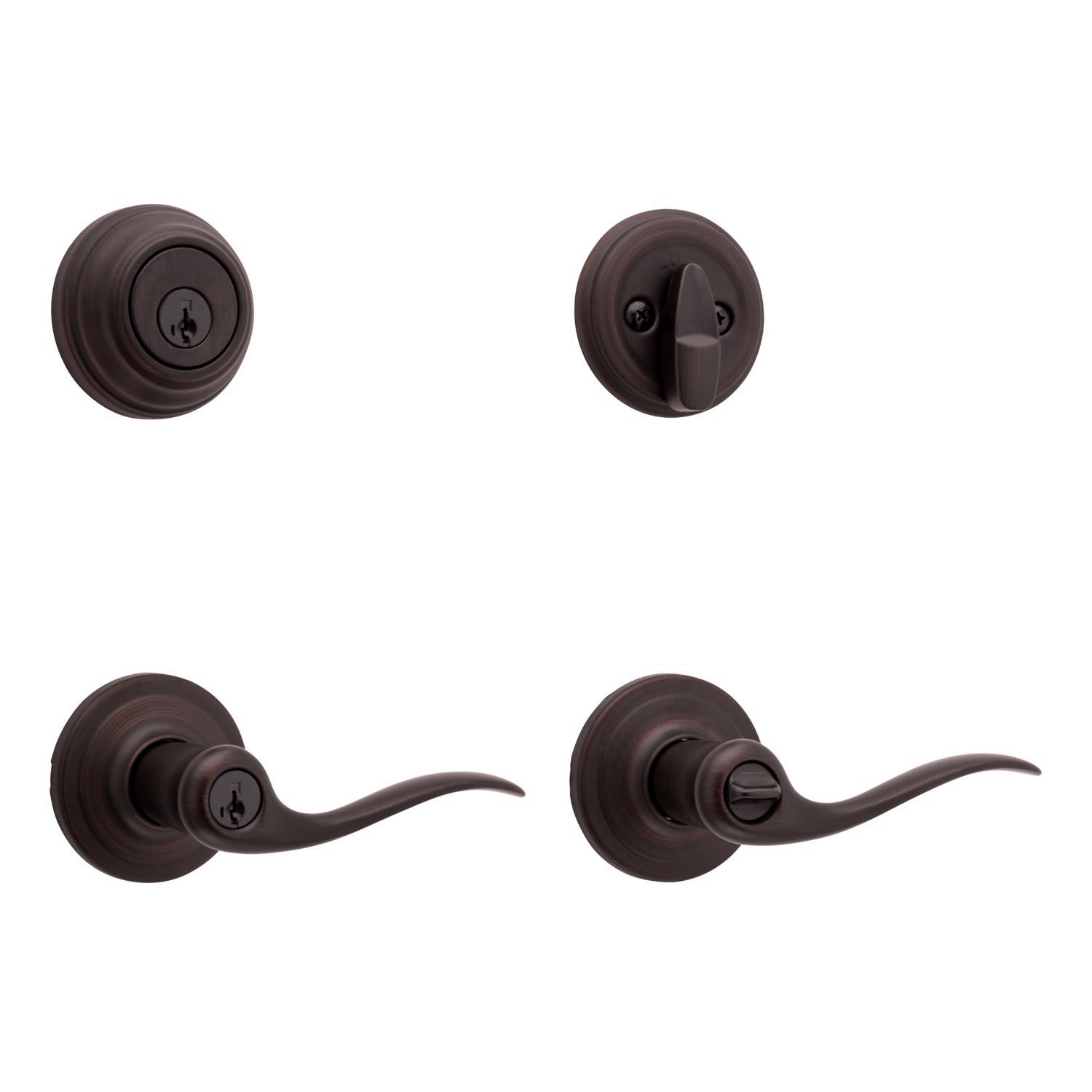 Kwikset SmartKey Tustin Venetian Bronze Entry Lever and Deadbolt Set KW1 1-3/4 in.