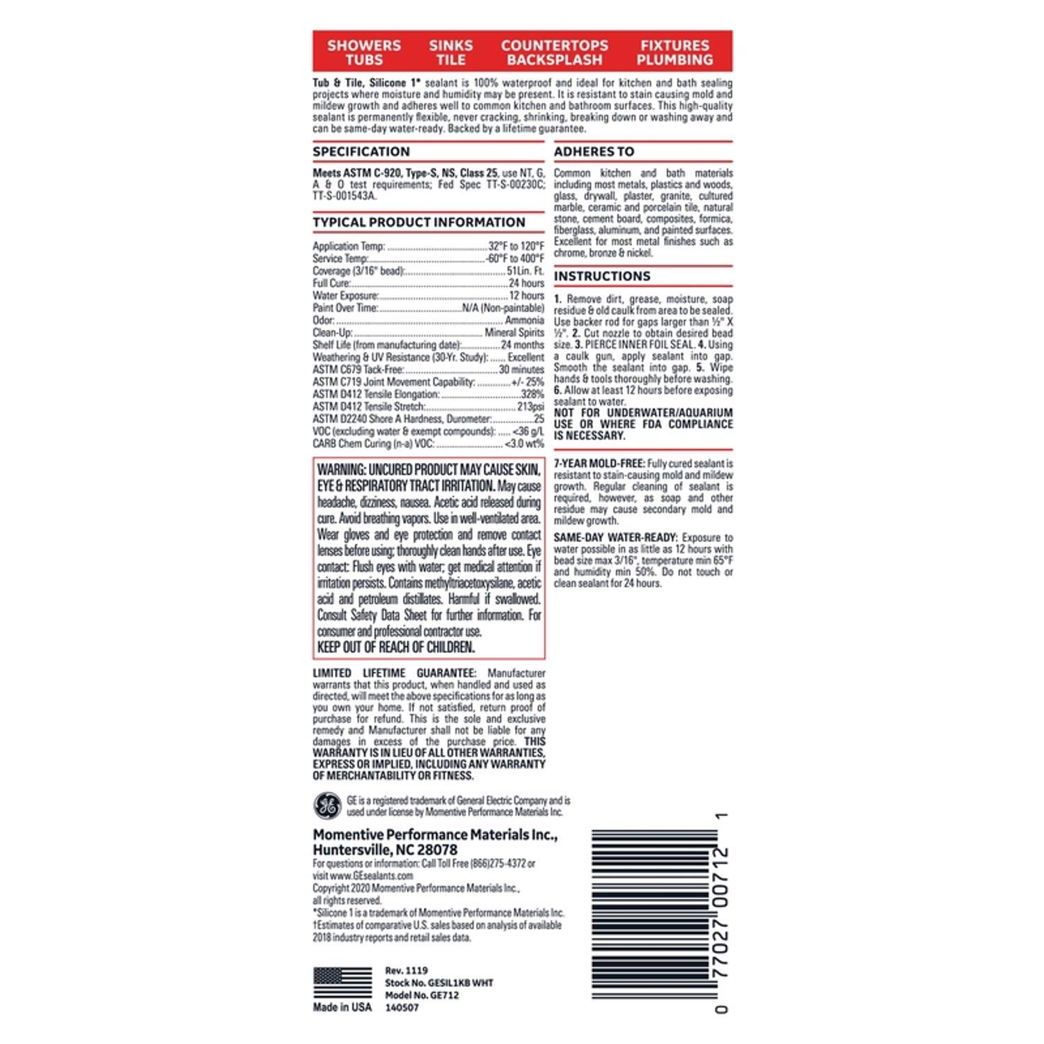 GE Tub & Tile White Silicone 1 Tub and Tile Caulk Sealant 10.1 oz