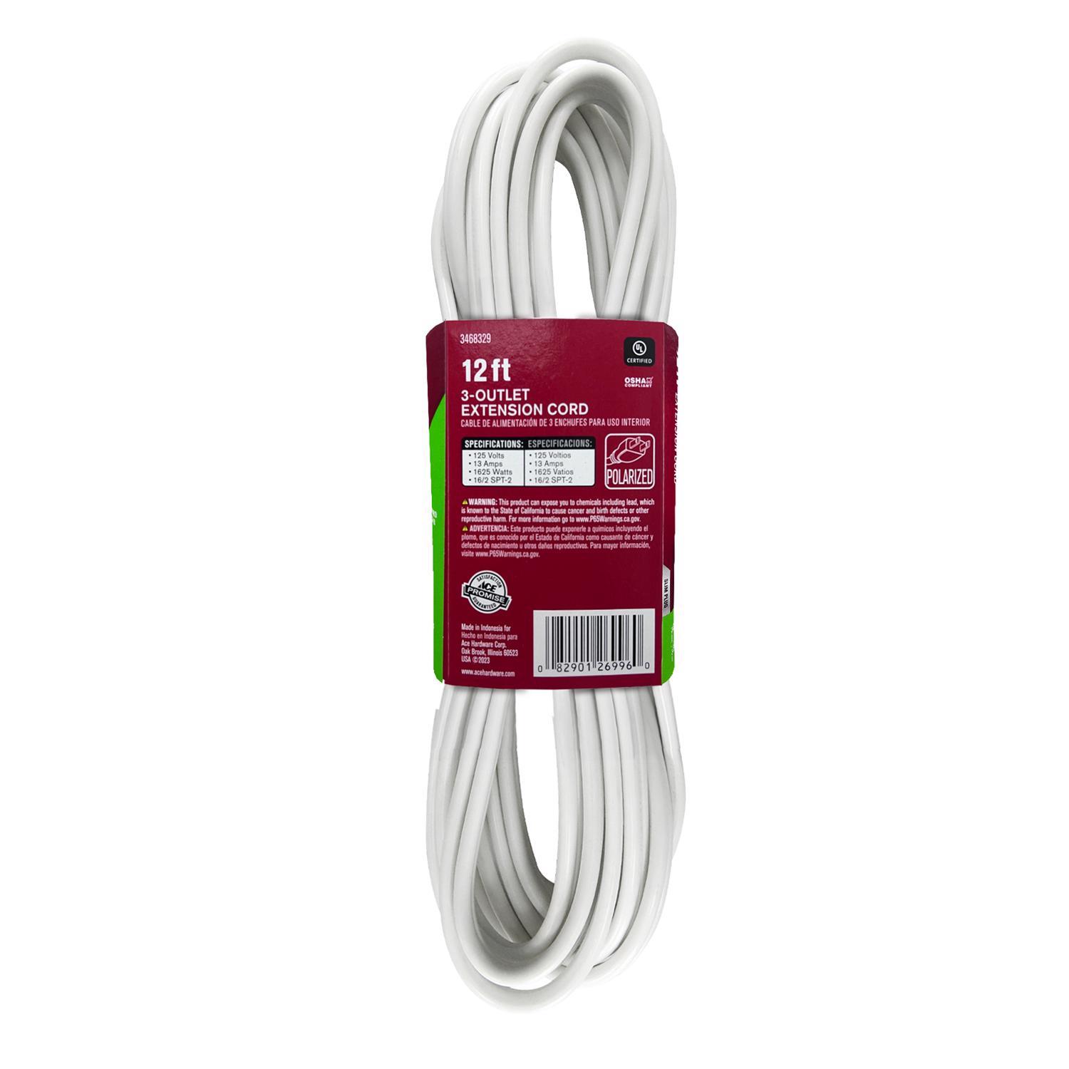 Ace Indoor 12 ft. L White Extension Cord 16/2 SPT-2