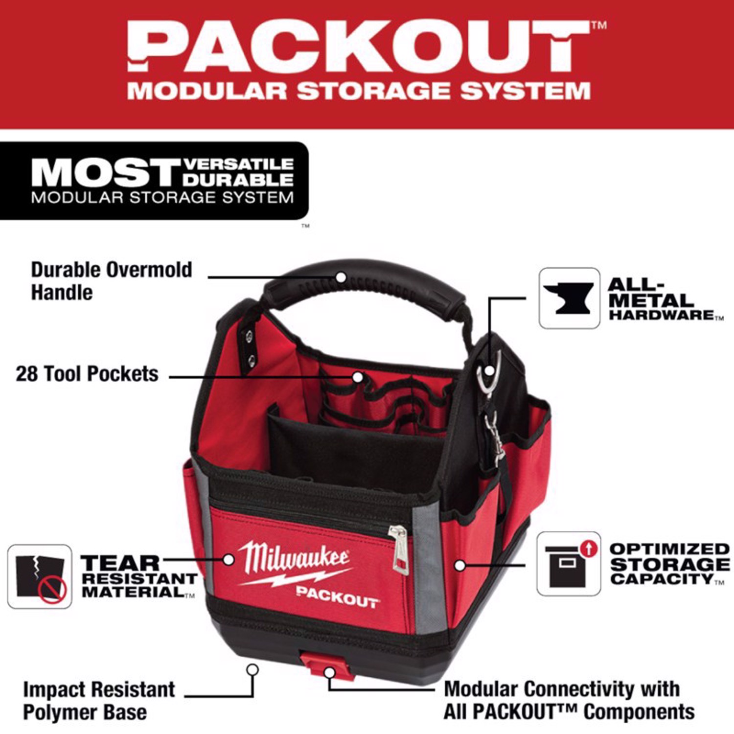Milwaukee PACKOUT 11 in. W X 13 in. H Ballistic Polyester Tool Tote 28 pocket Black/Red 1 pc