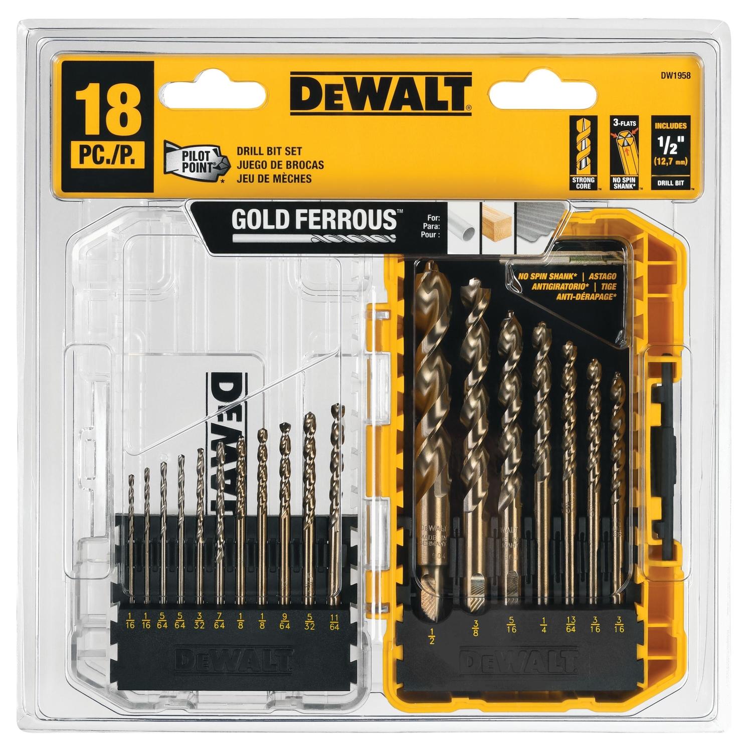 DEWALT Pilot Point High Speed Steel Drill Bit Set Straight Shank 18 pc