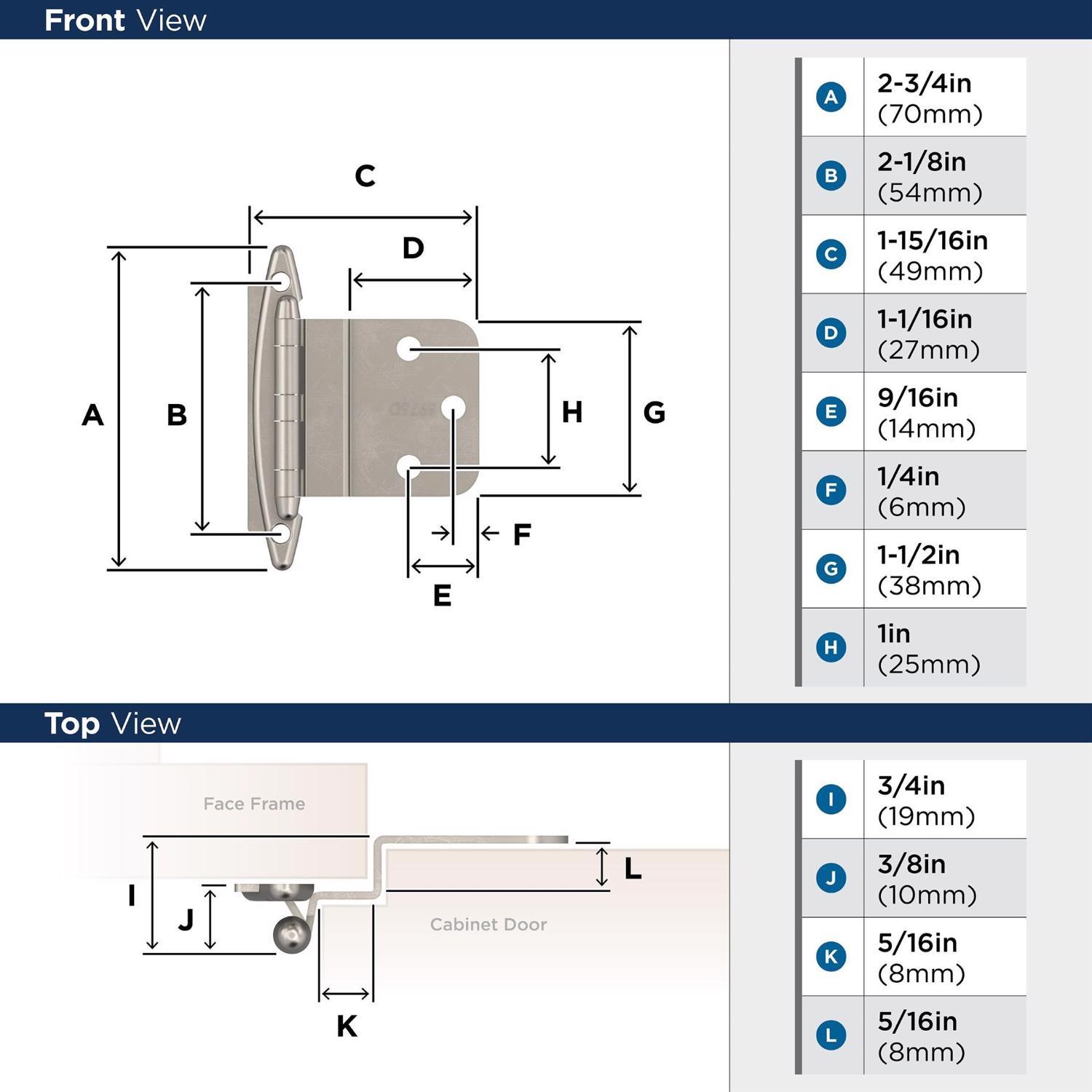 Amerock 2 in. W X 2-3/4 in. L Satin Nickel Steel Decorative Hinge 2 pk